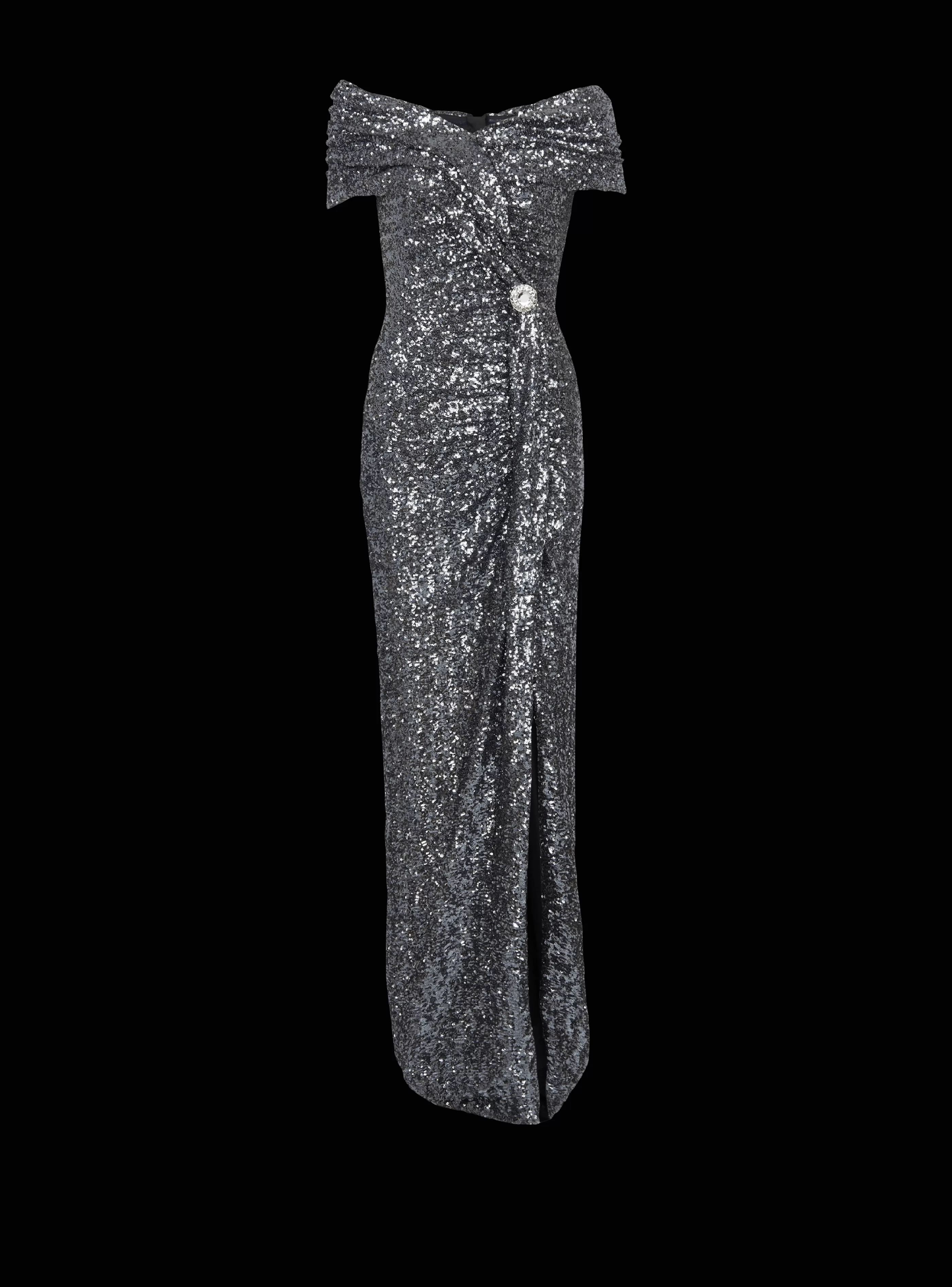 Balmain Abiti-Long Draped Sequin Dress silver