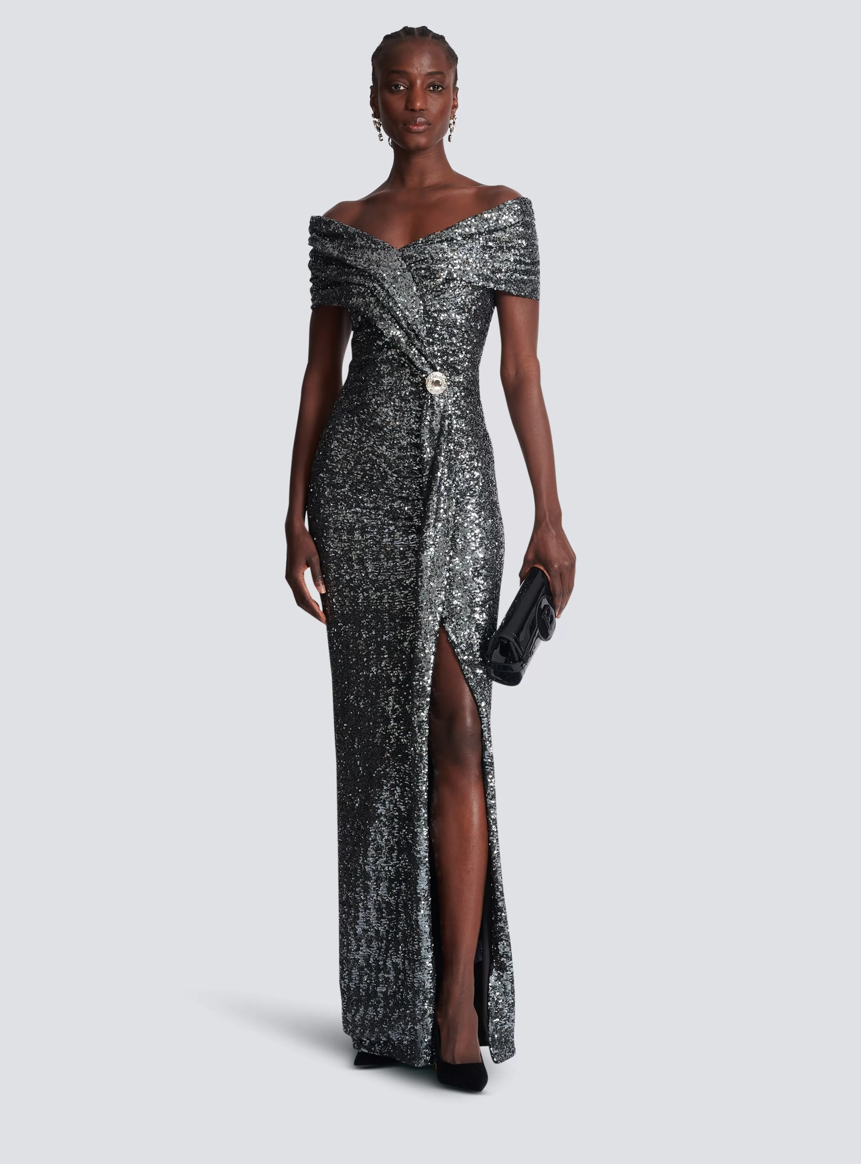Balmain Abiti-Long Draped Sequin Dress silver