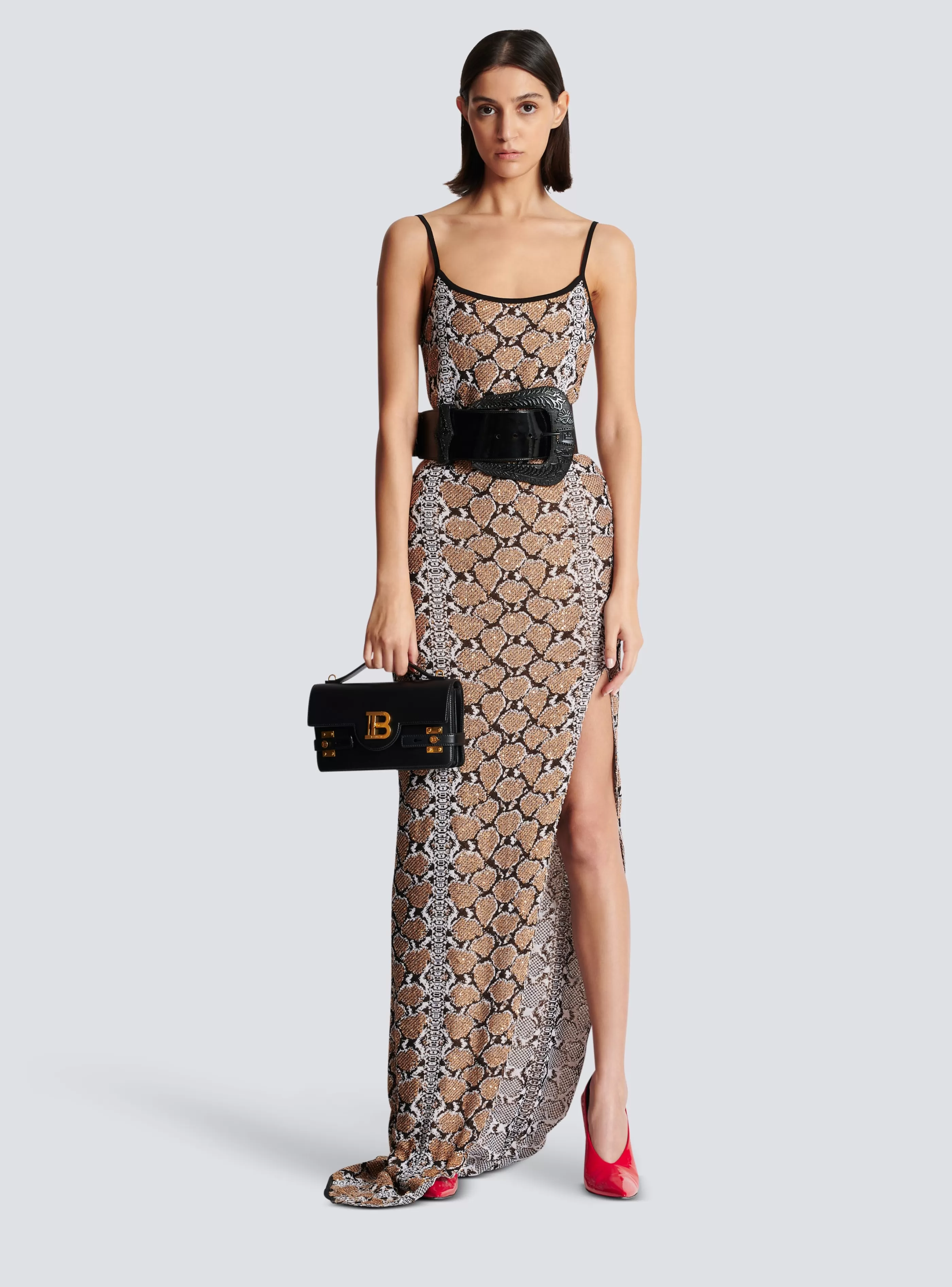Balmain Maglieria | Abiti-Long Strappy Snakeskin Knit Dress brown