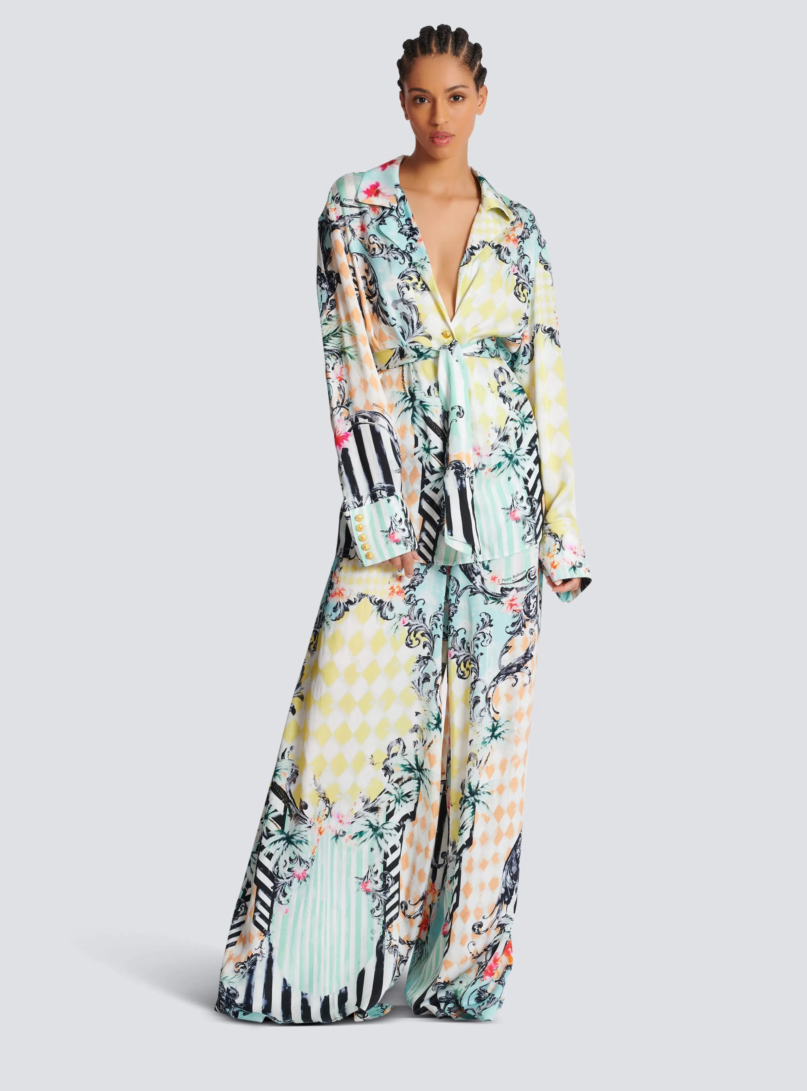 Balmain Top E Camicie-Loose Belted Shirt With Baroque Print multicolor