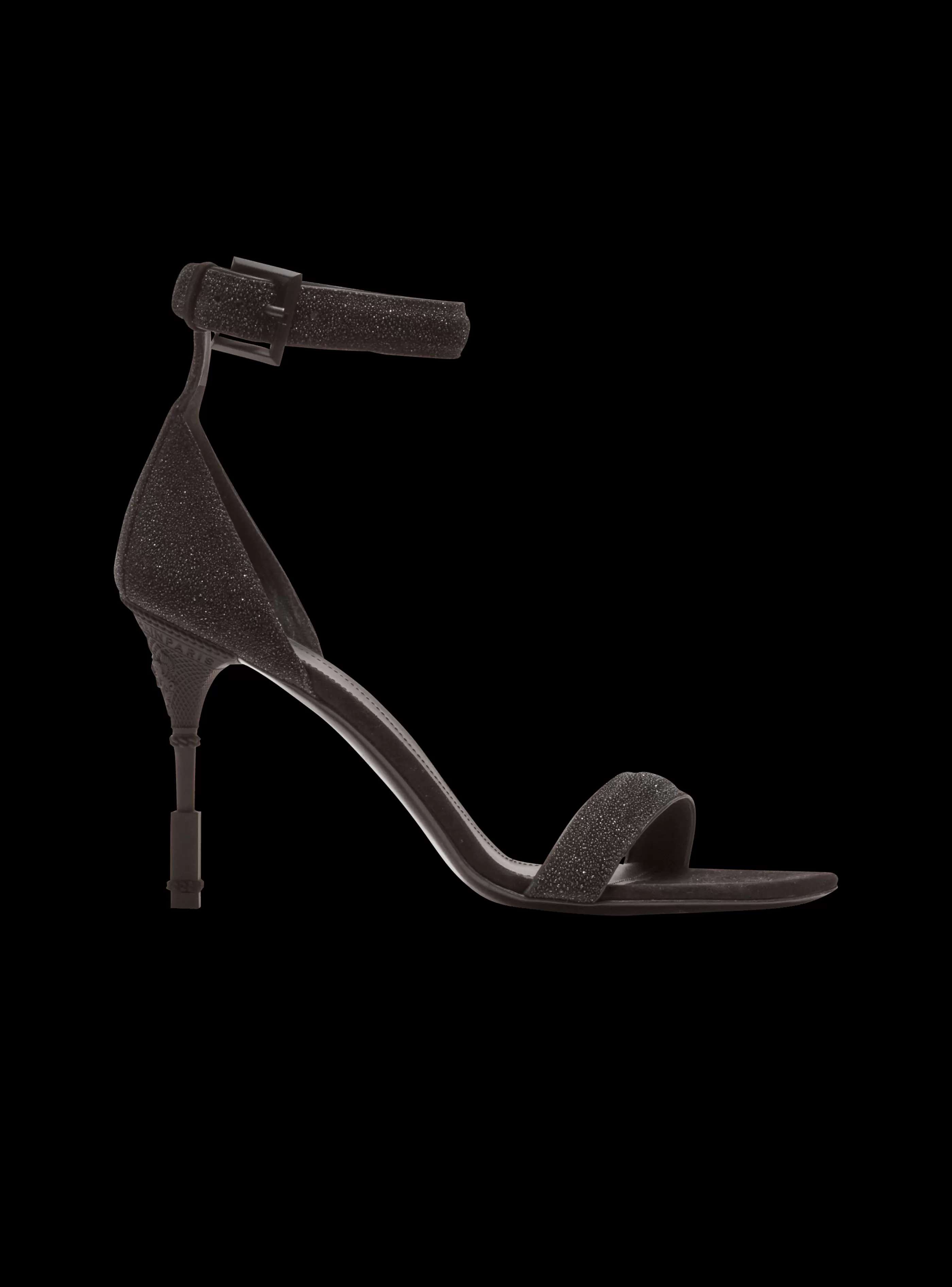 Balmain Scarpe Col Tacco Alto-Moneta Leather Sandals With Micro Beads black