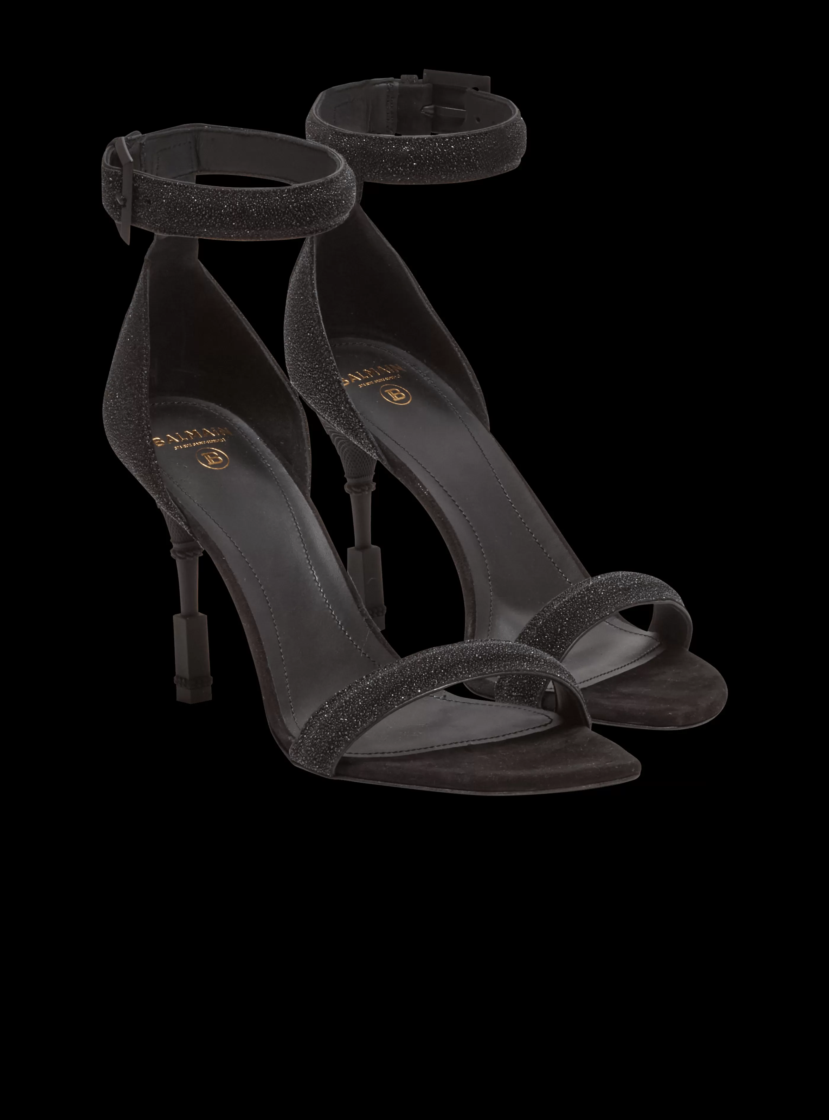 Balmain Scarpe Col Tacco Alto-Moneta Leather Sandals With Micro Beads black
