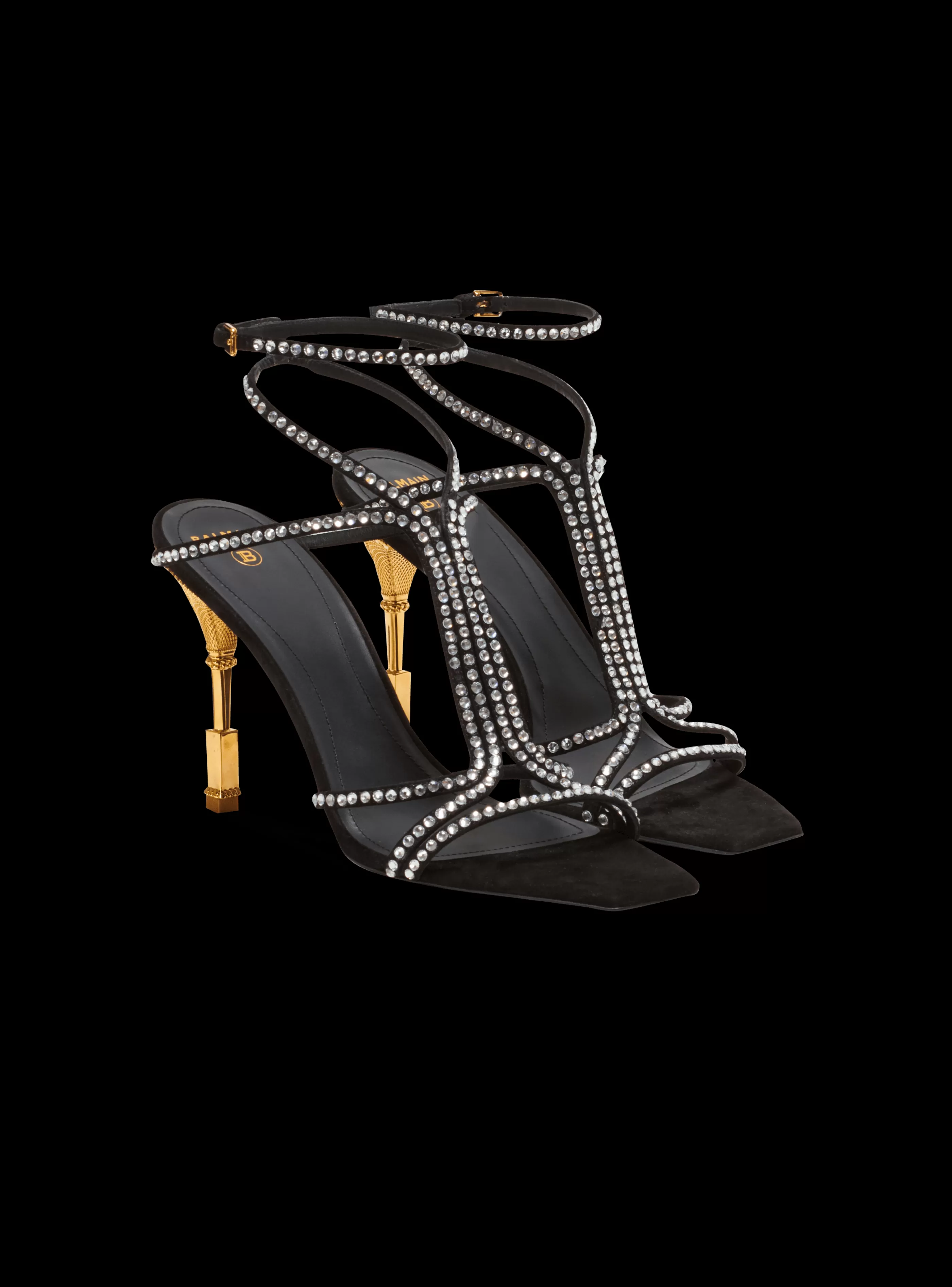 Balmain Scarpe Col Tacco Alto-Moneta Suede And Crystal Sandals black