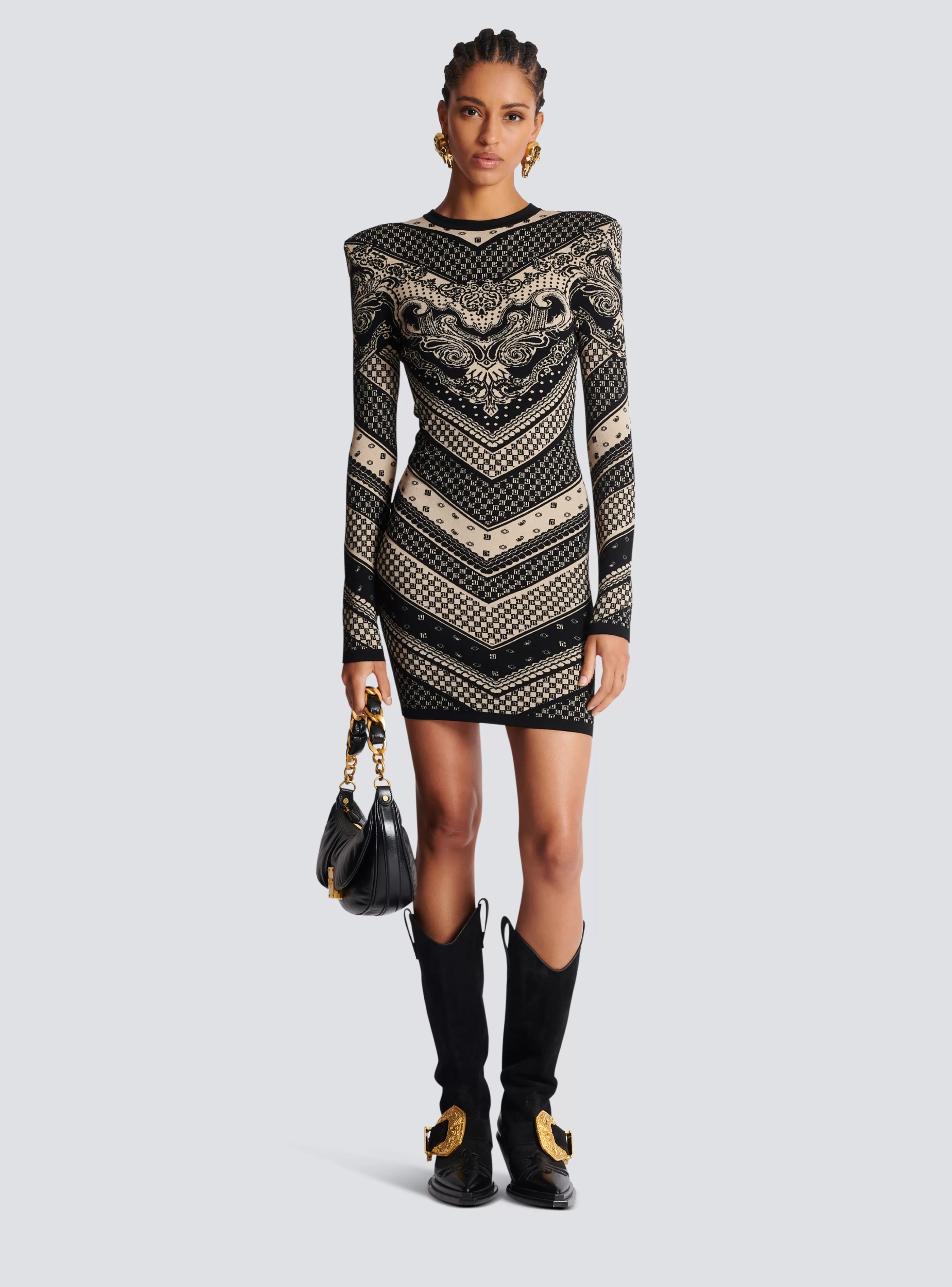 Balmain Maglieria | Abiti-Monogram And Paisley Knit Short Dress black