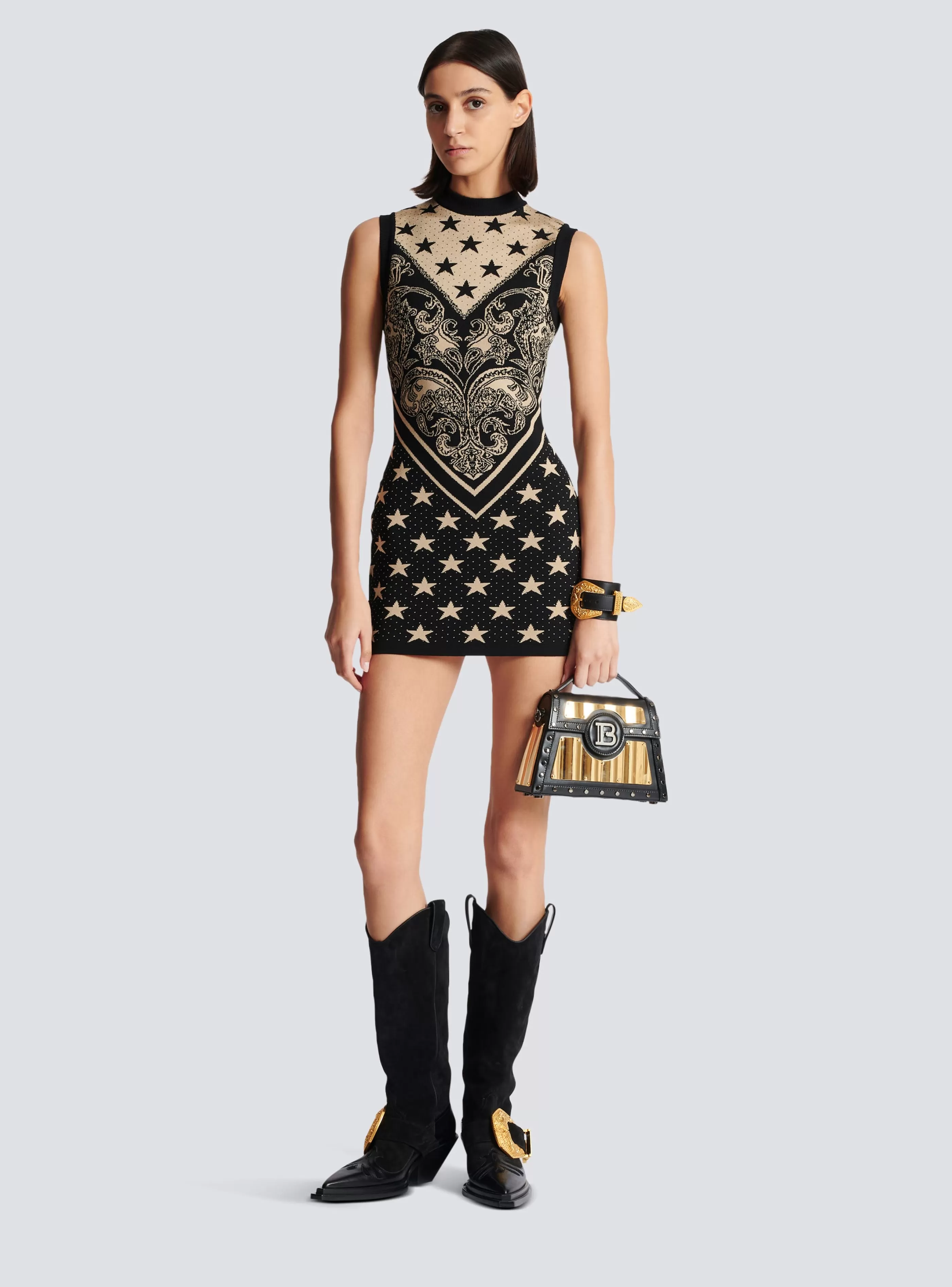 Balmain Maglieria | Abiti-Monogram And Star Knit Short Dress black