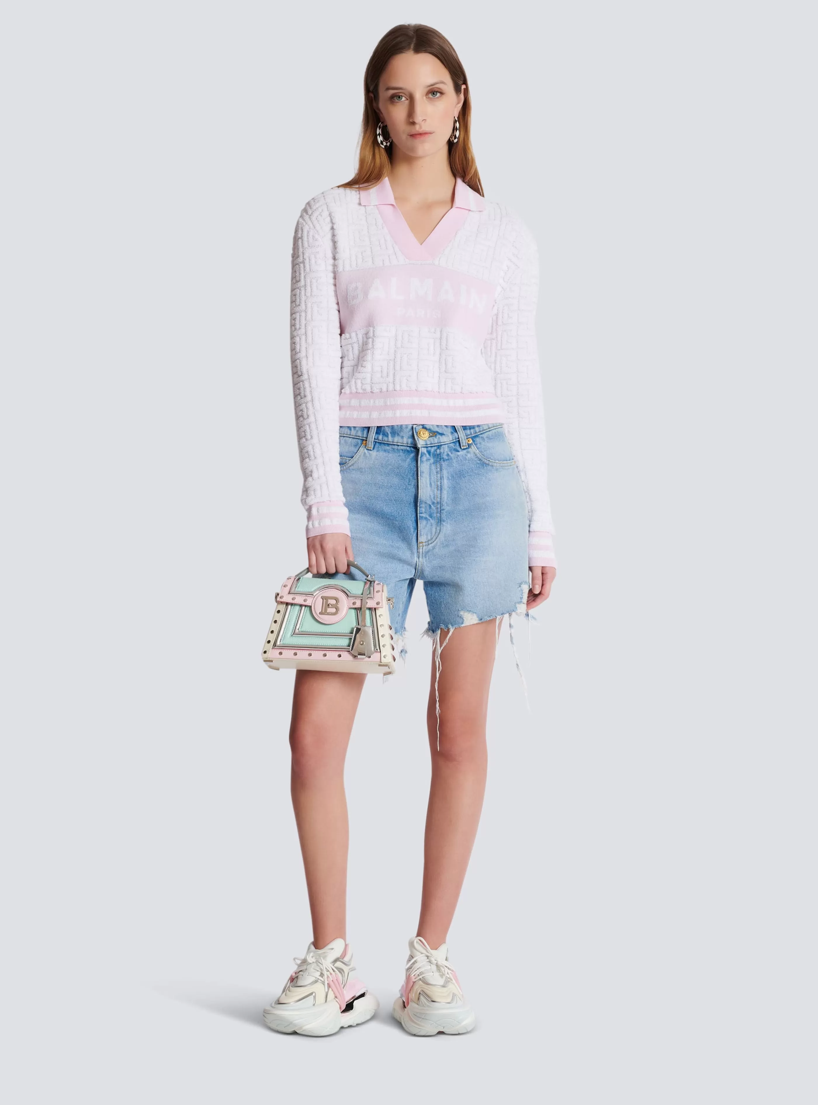 Balmain Maglieria-Monogram Knit Polo pink