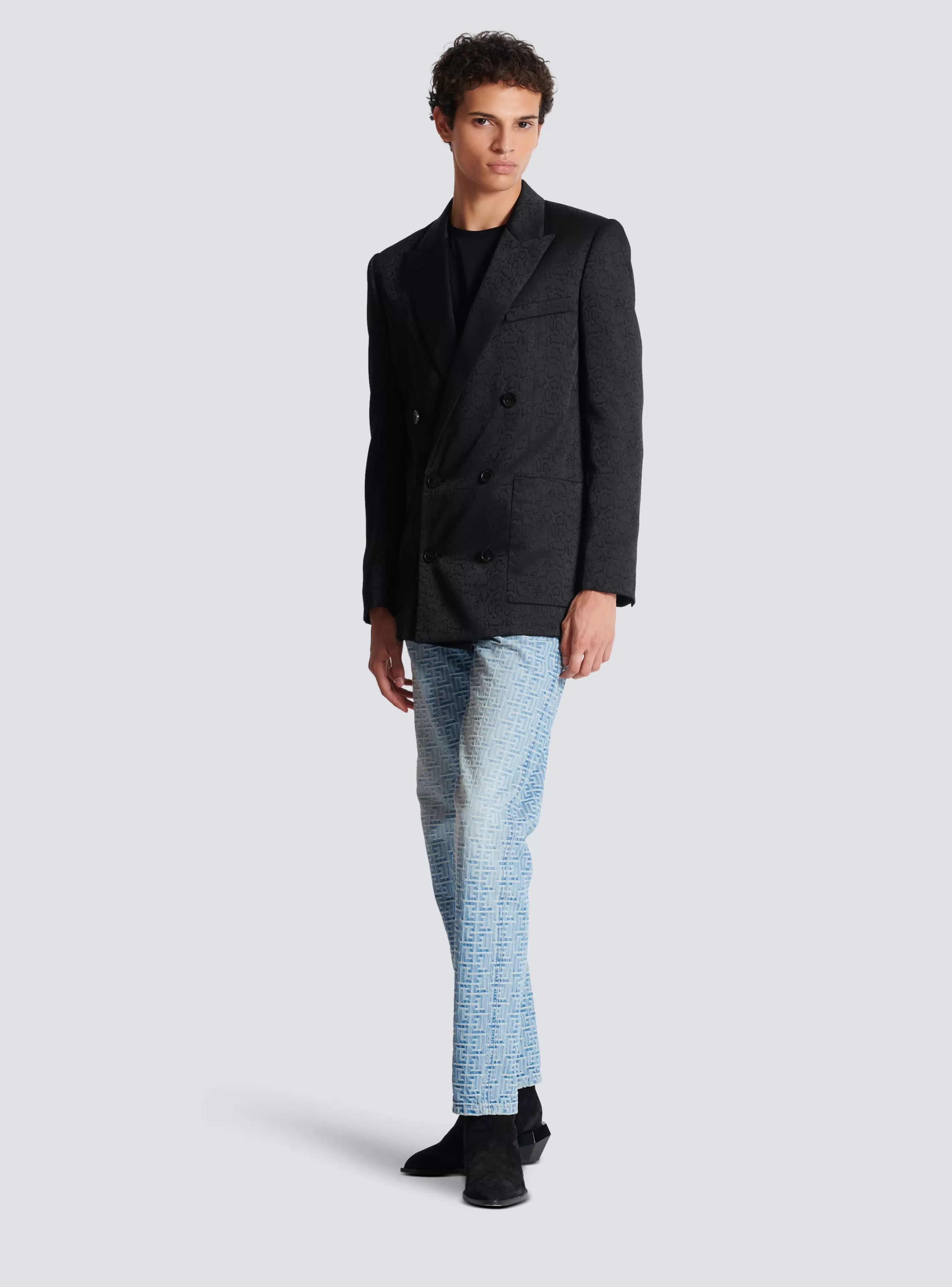 Balmain Denim-Monogrammed Jacquard Denim Jeans blue