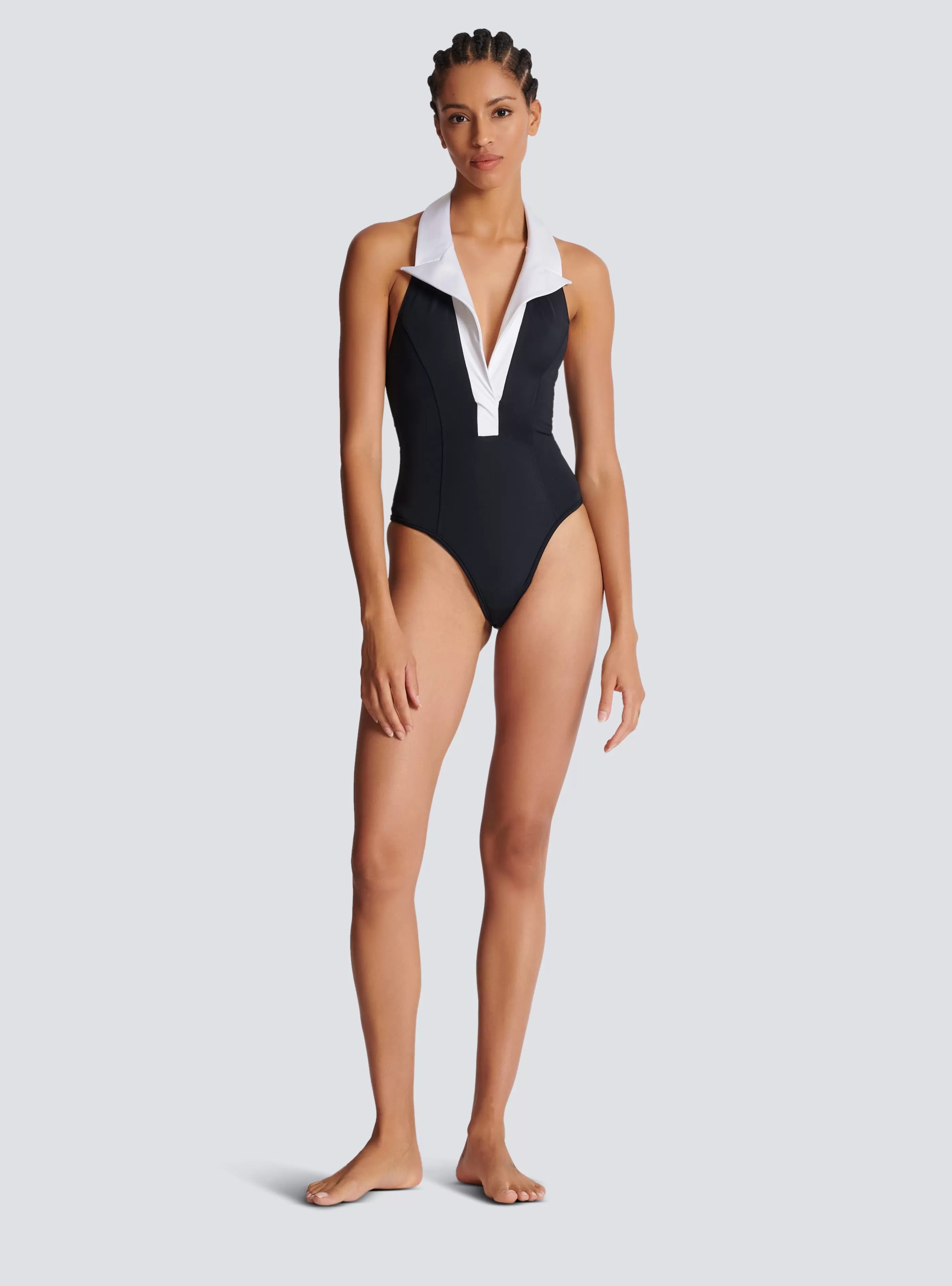 Balmain Costumi Da Bagno-One-piece Swimsuit With Contrasting Collar black