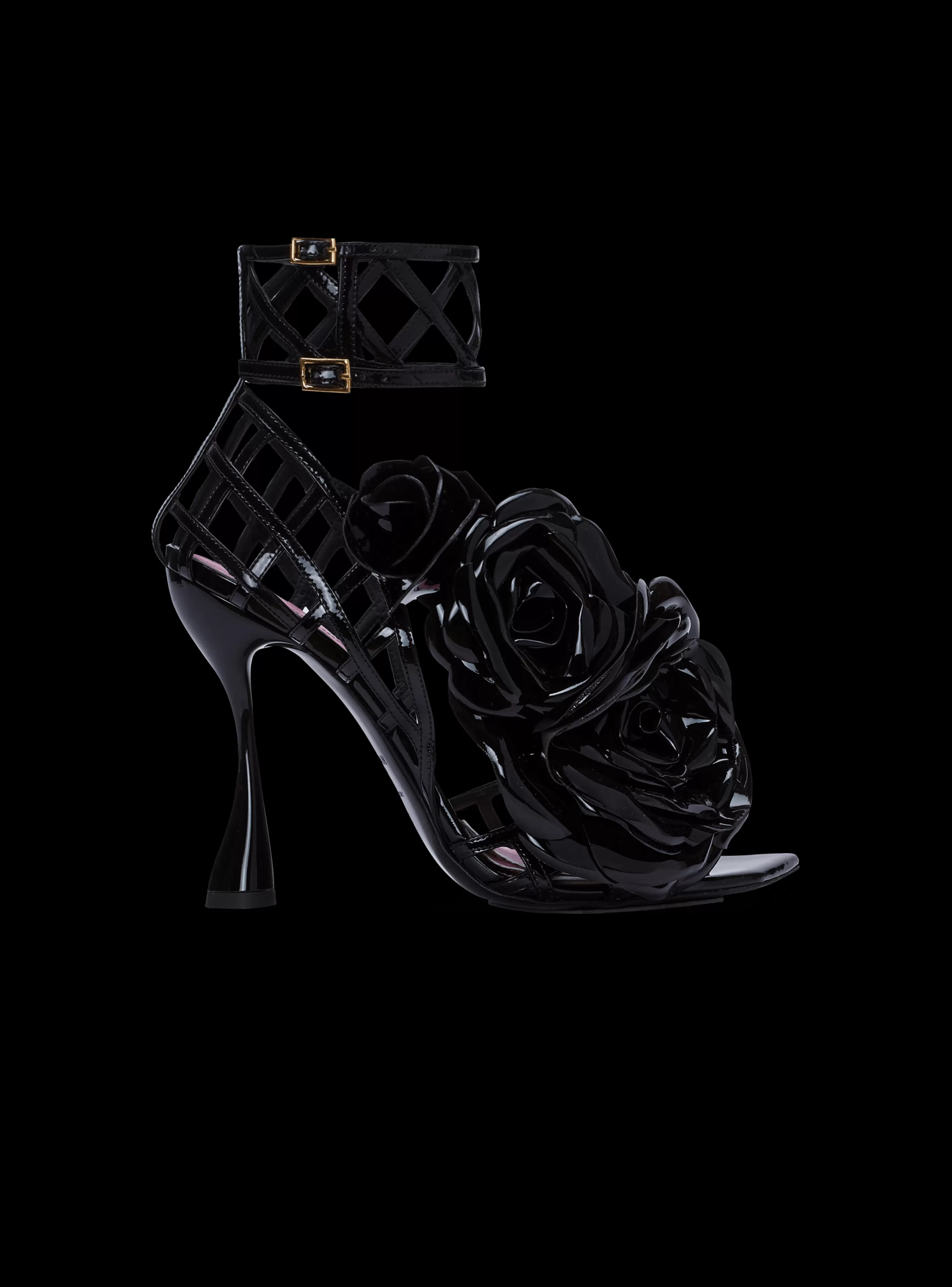 Balmain Scarpe Col Tacco Alto-Patent Leather Eden Sandals With Openwork Grid And Flowers black
