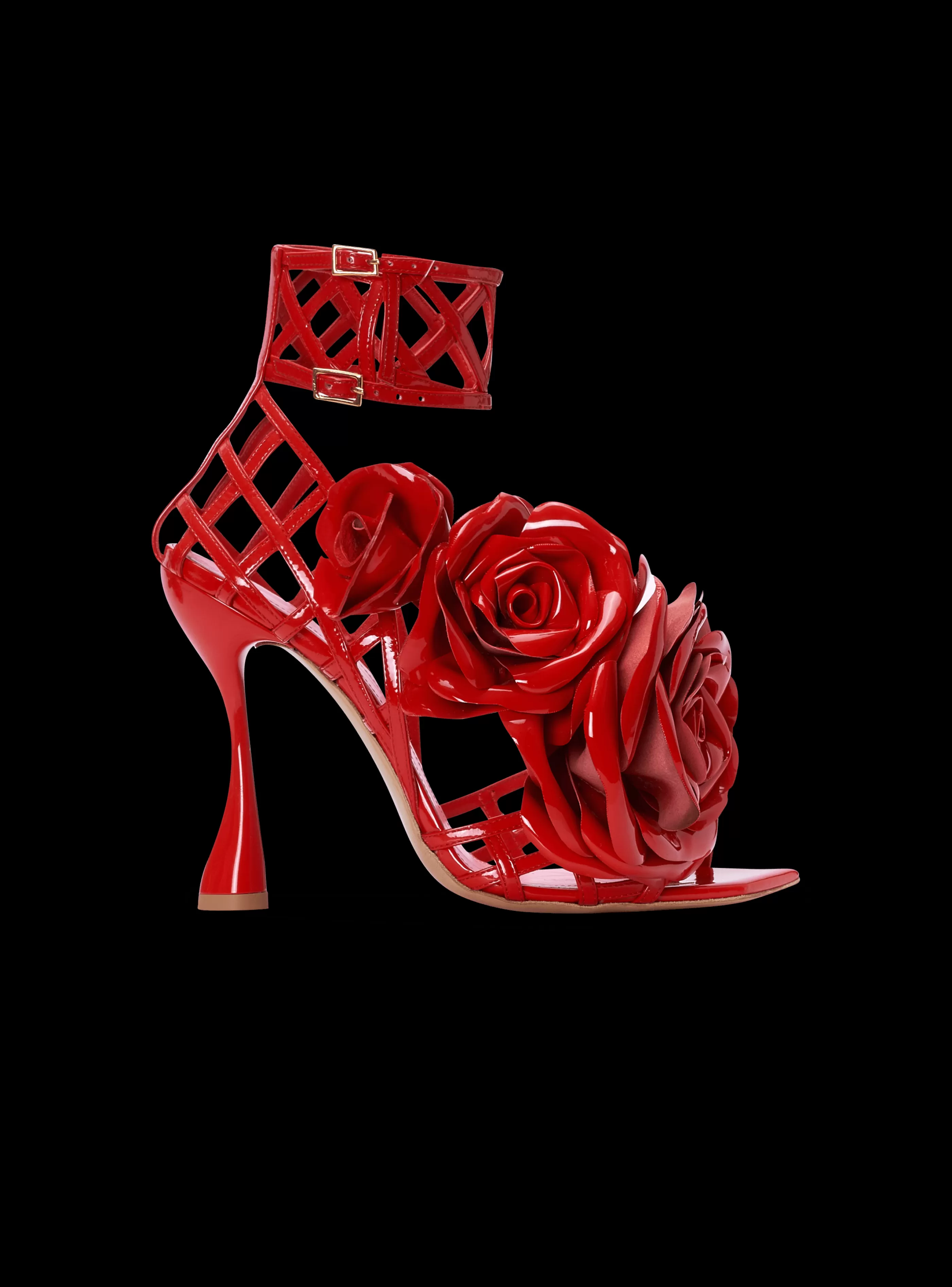 Balmain Scarpe Col Tacco Alto-Patent Leather Eden Sandals With Openwork Grid And Flowers red
