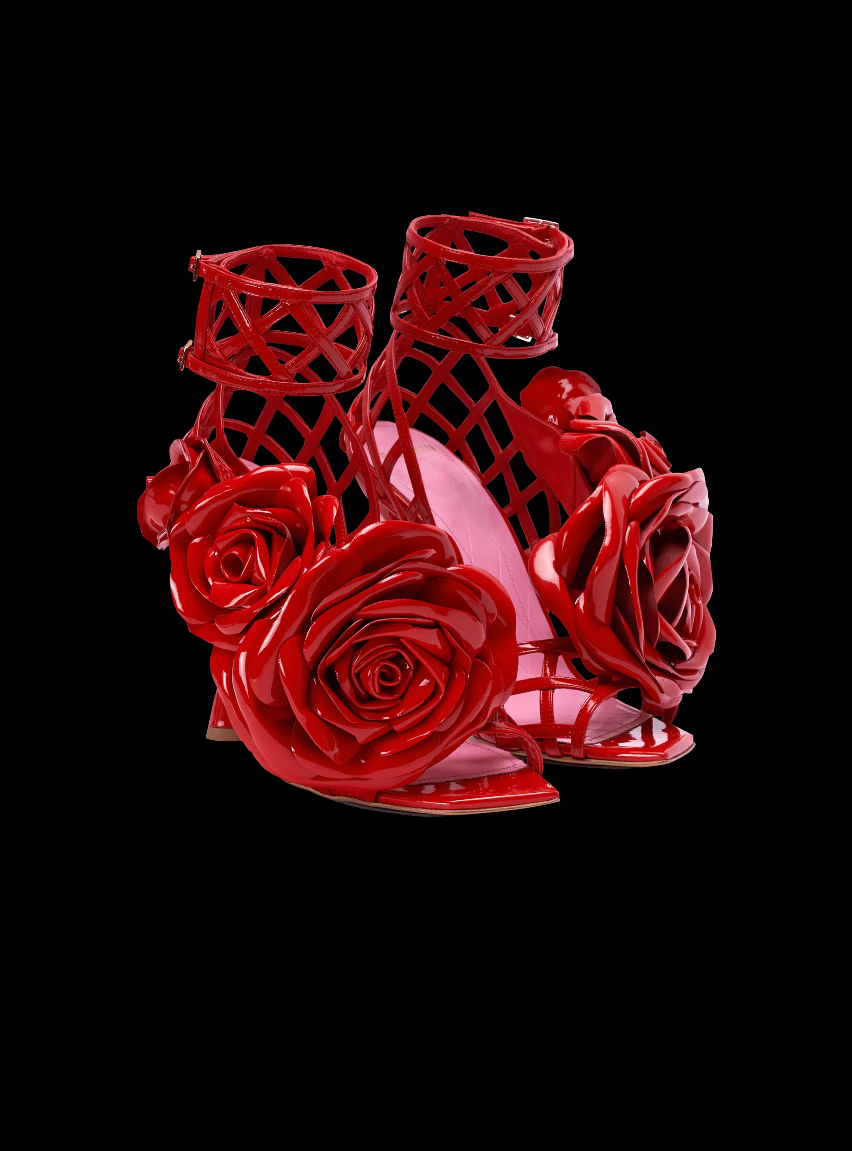 Balmain Scarpe Col Tacco Alto-Patent Leather Eden Sandals With Openwork Grid And Flowers red