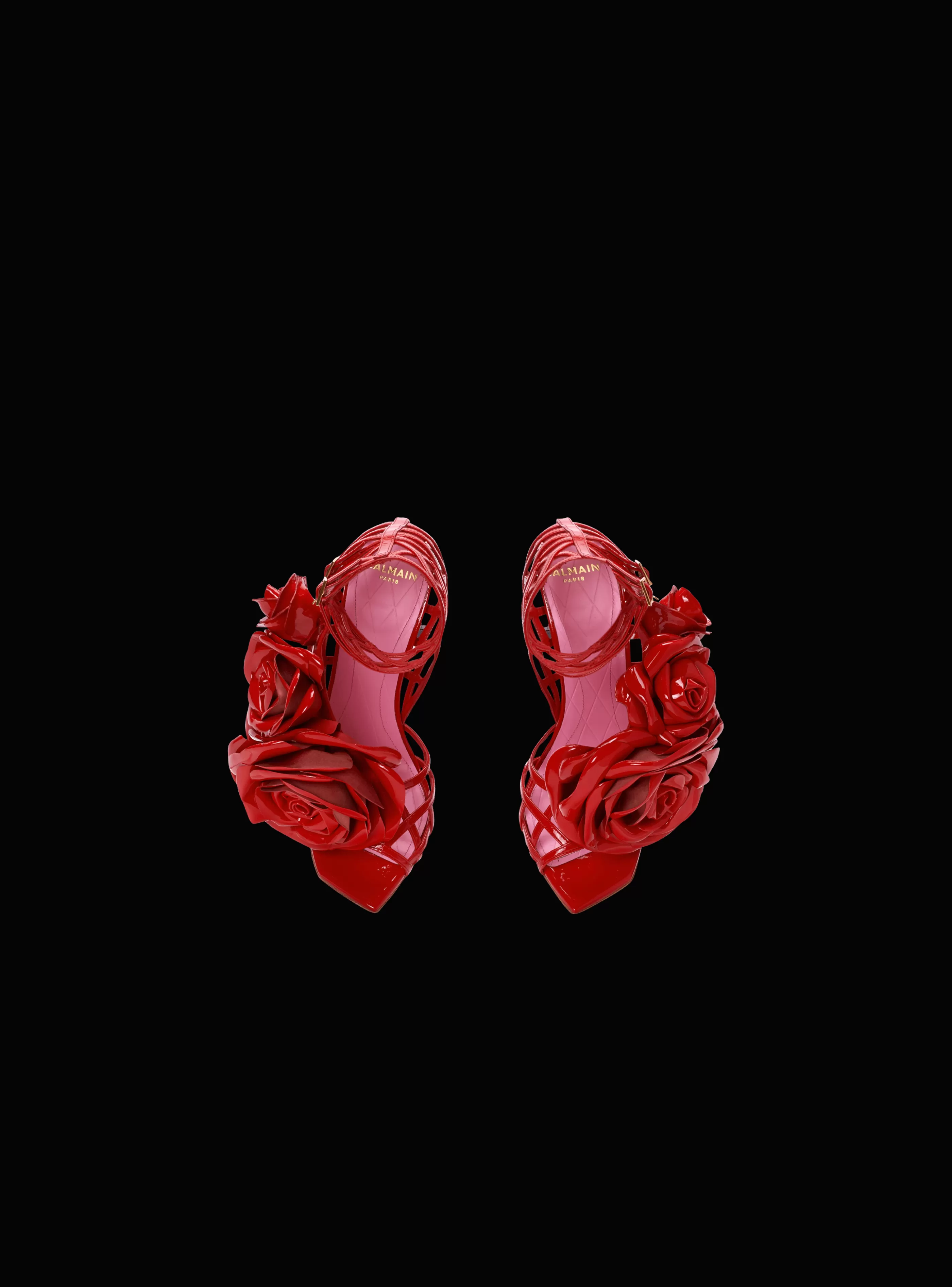 Balmain Scarpe Col Tacco Alto-Patent Leather Eden Sandals With Openwork Grid And Flowers red