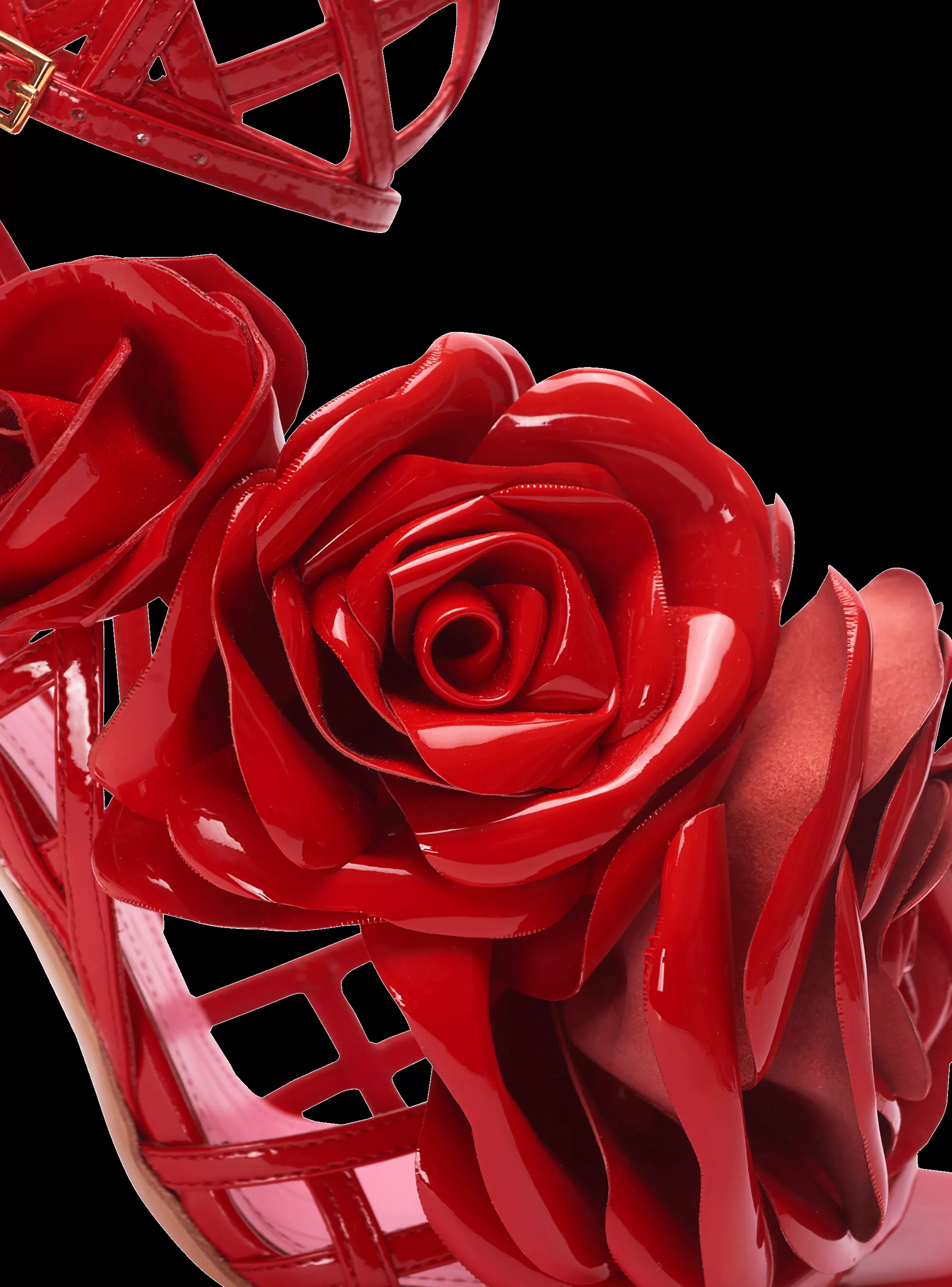 Balmain Scarpe Col Tacco Alto-Patent Leather Eden Sandals With Openwork Grid And Flowers red
