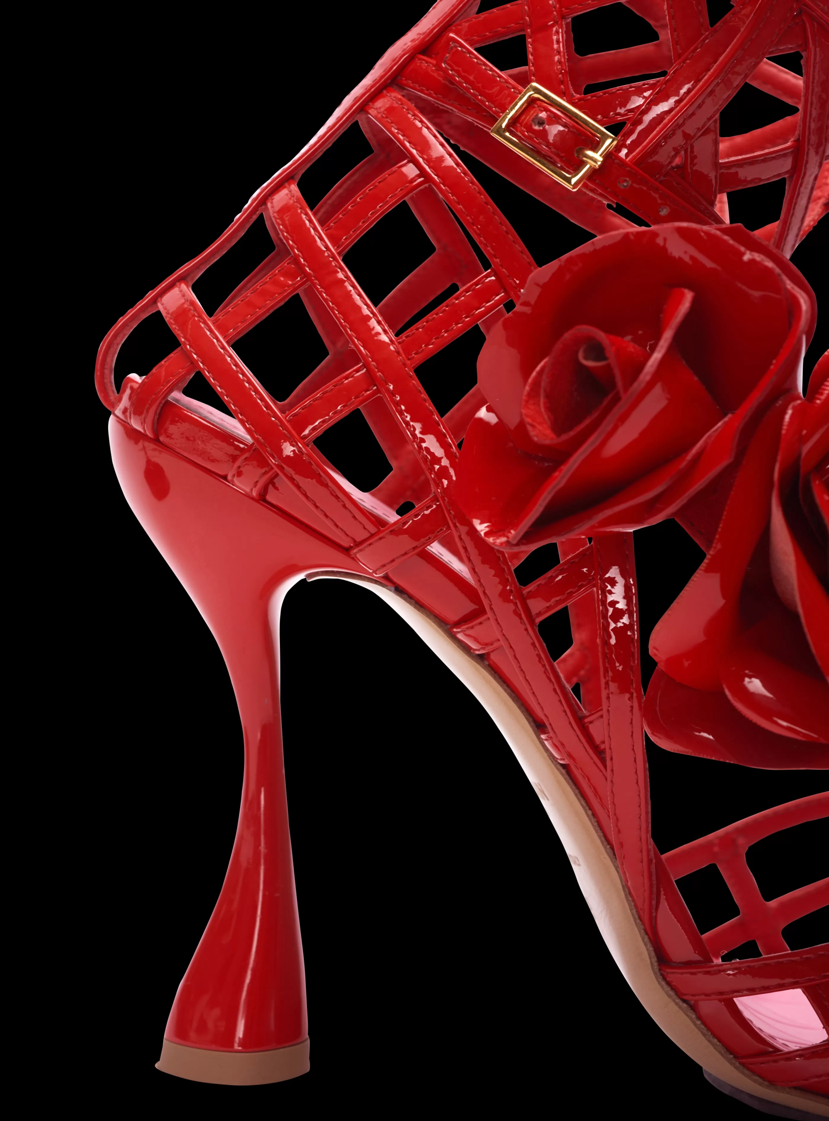 Balmain Scarpe Col Tacco Alto-Patent Leather Eden Sandals With Openwork Grid And Flowers red