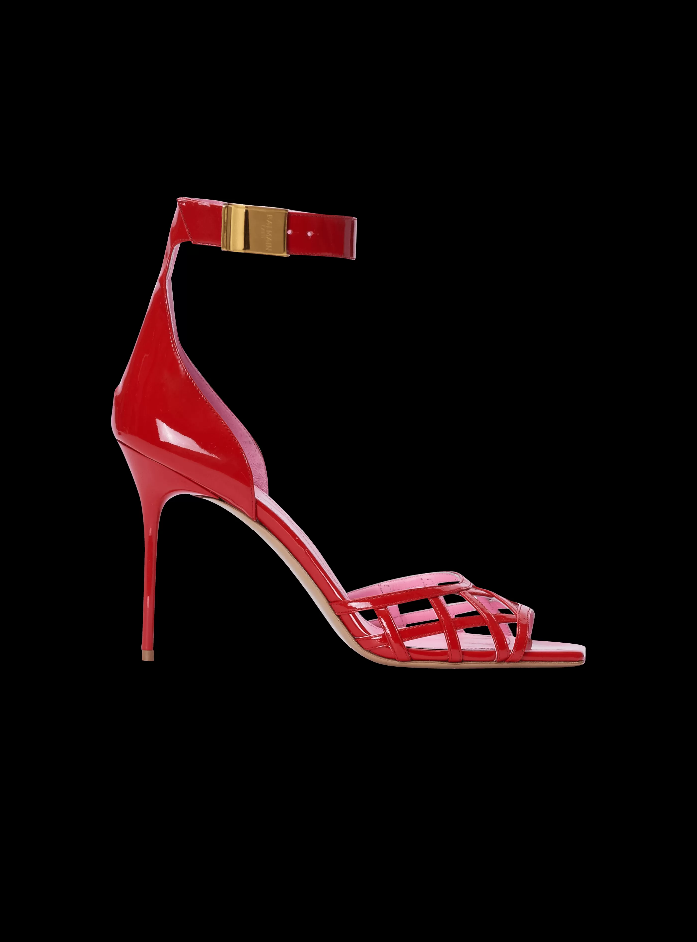 Balmain Scarpe Col Tacco Alto-Patent Leather Uma Sandals With Openwork Grid red