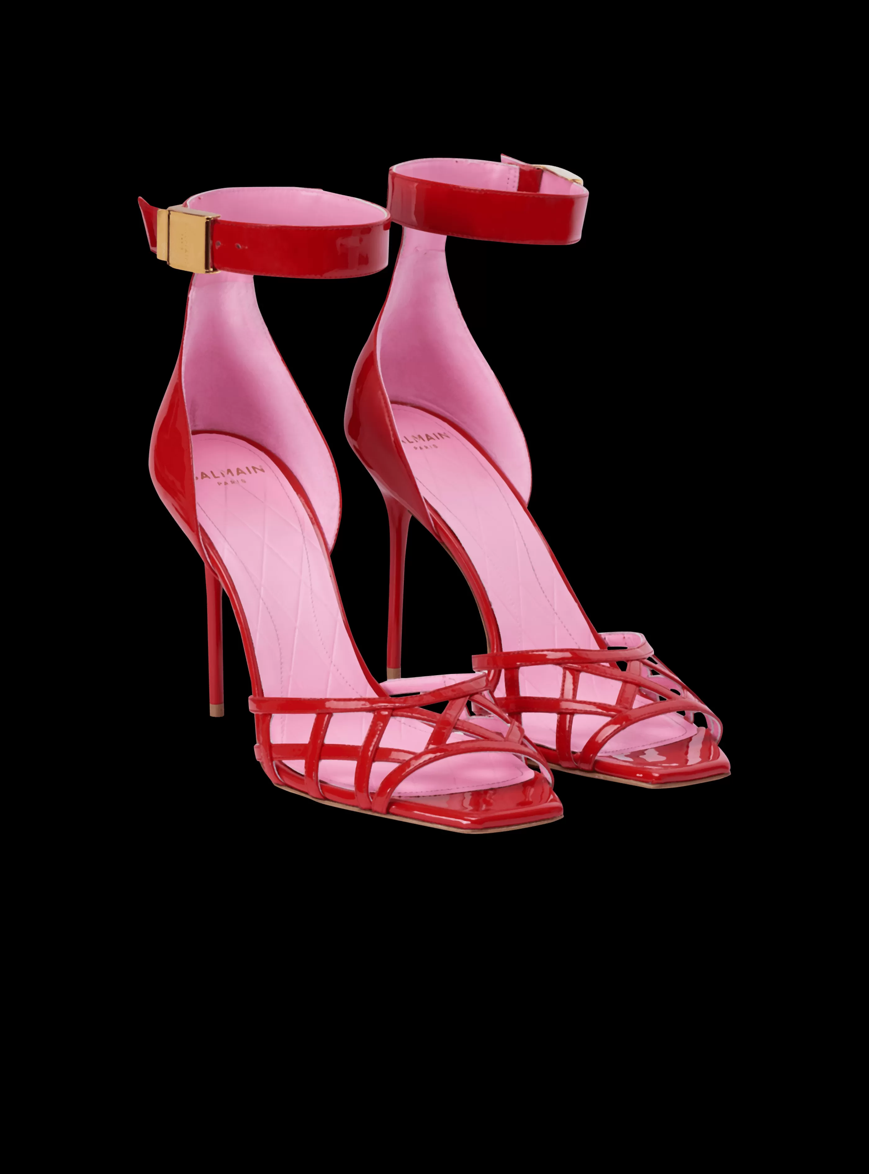 Balmain Scarpe Col Tacco Alto-Patent Leather Uma Sandals With Openwork Grid red