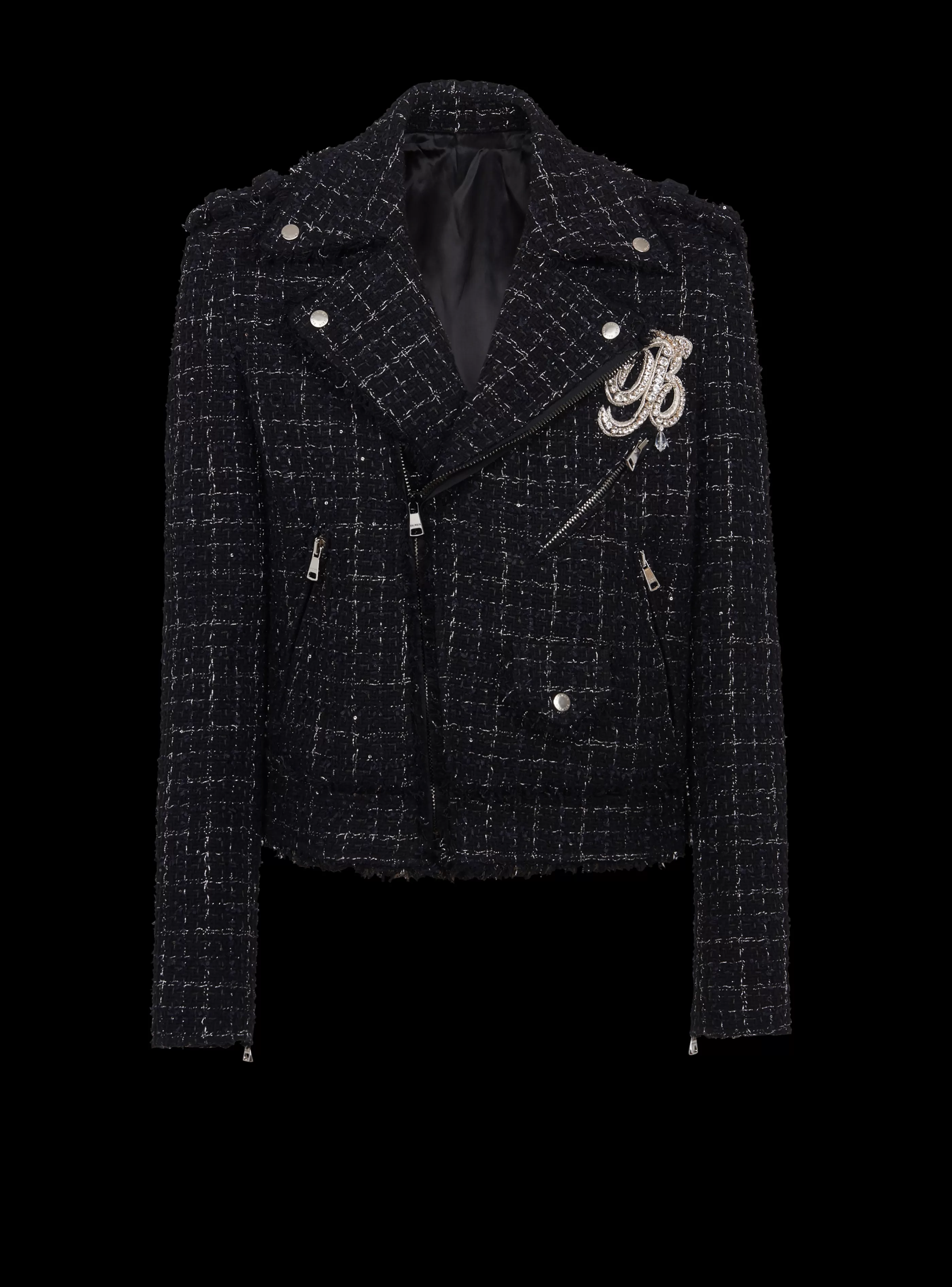 Balmain Capispalla-PB Signature Tweed Biker Jacket black