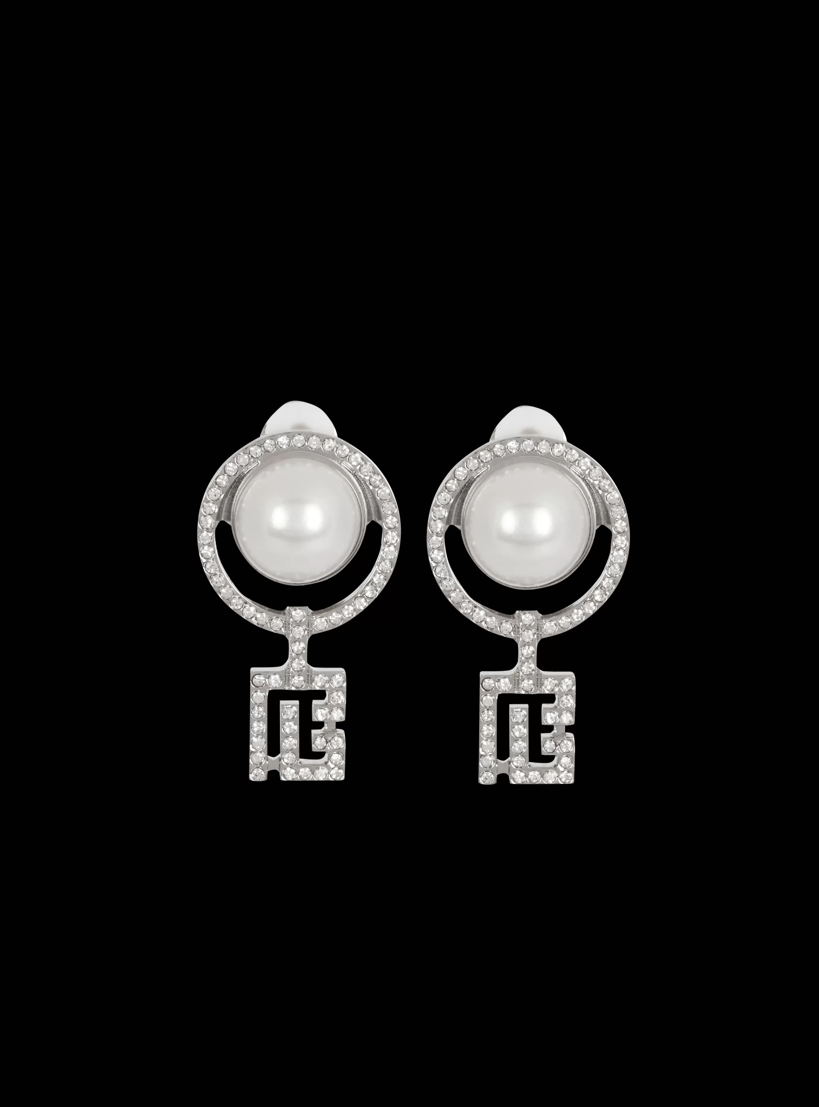 Balmain Gioielli Moda-Pearl Earrings With Art Deco Rhinestones silver
