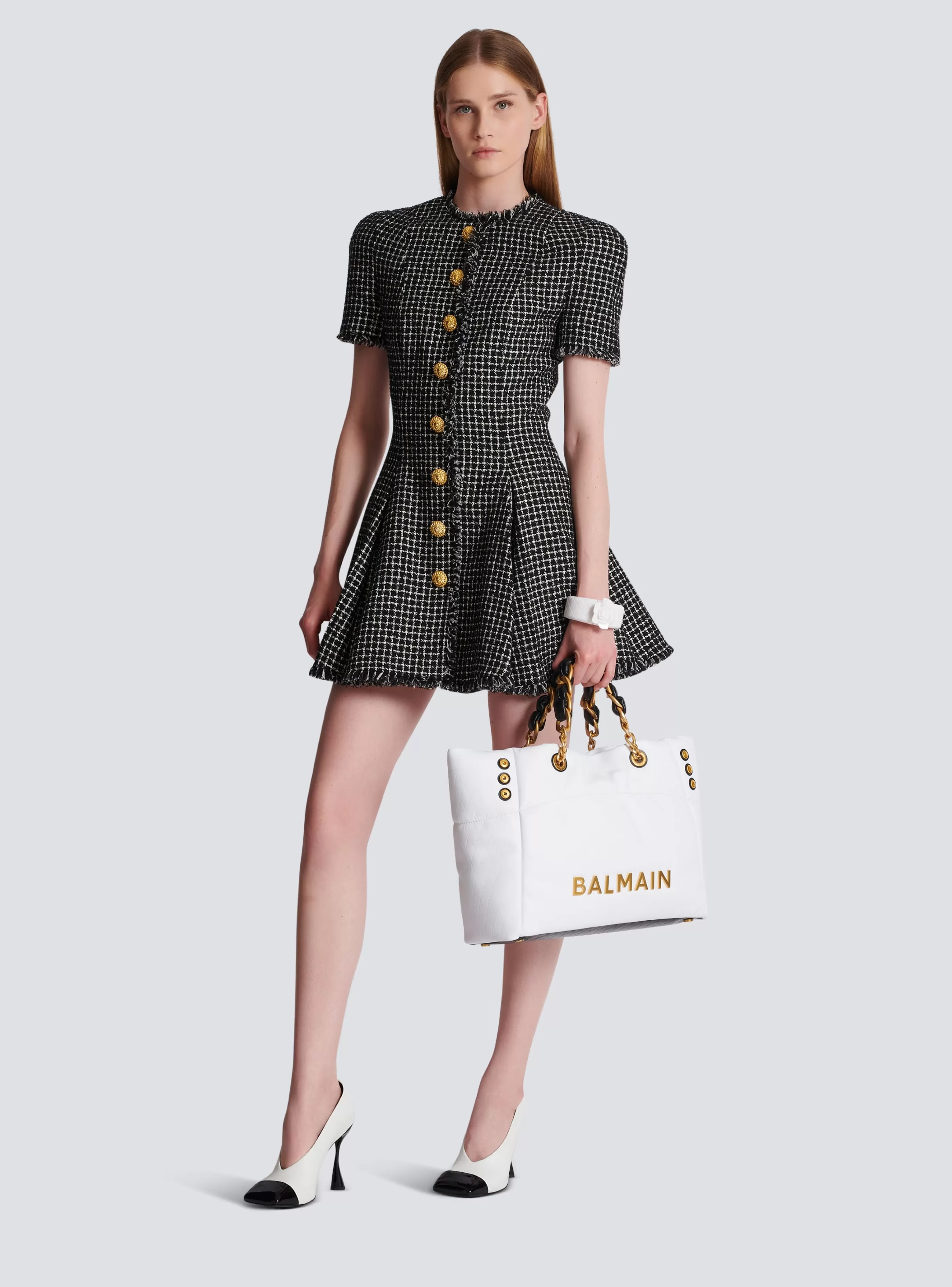 Balmain Abiti-Pleated Flared Dress In Gingham Tweed black