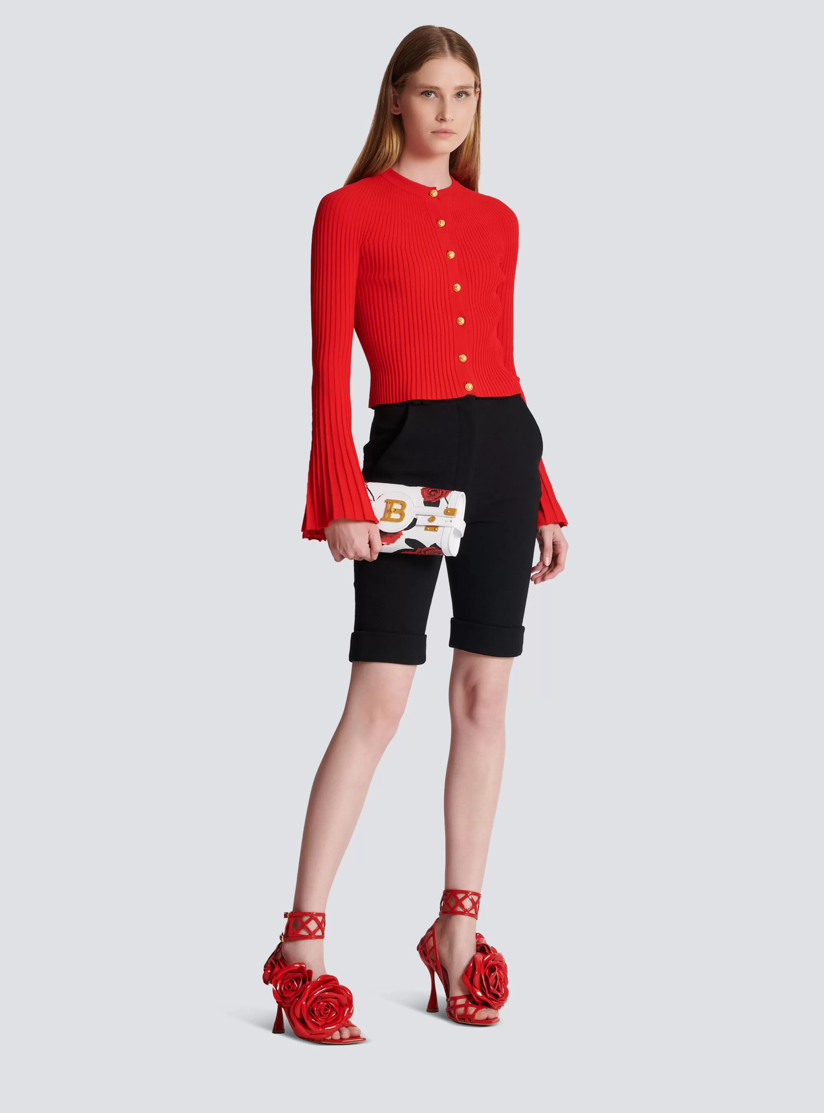 Balmain Maglieria-Pleated Knit Cardigan red