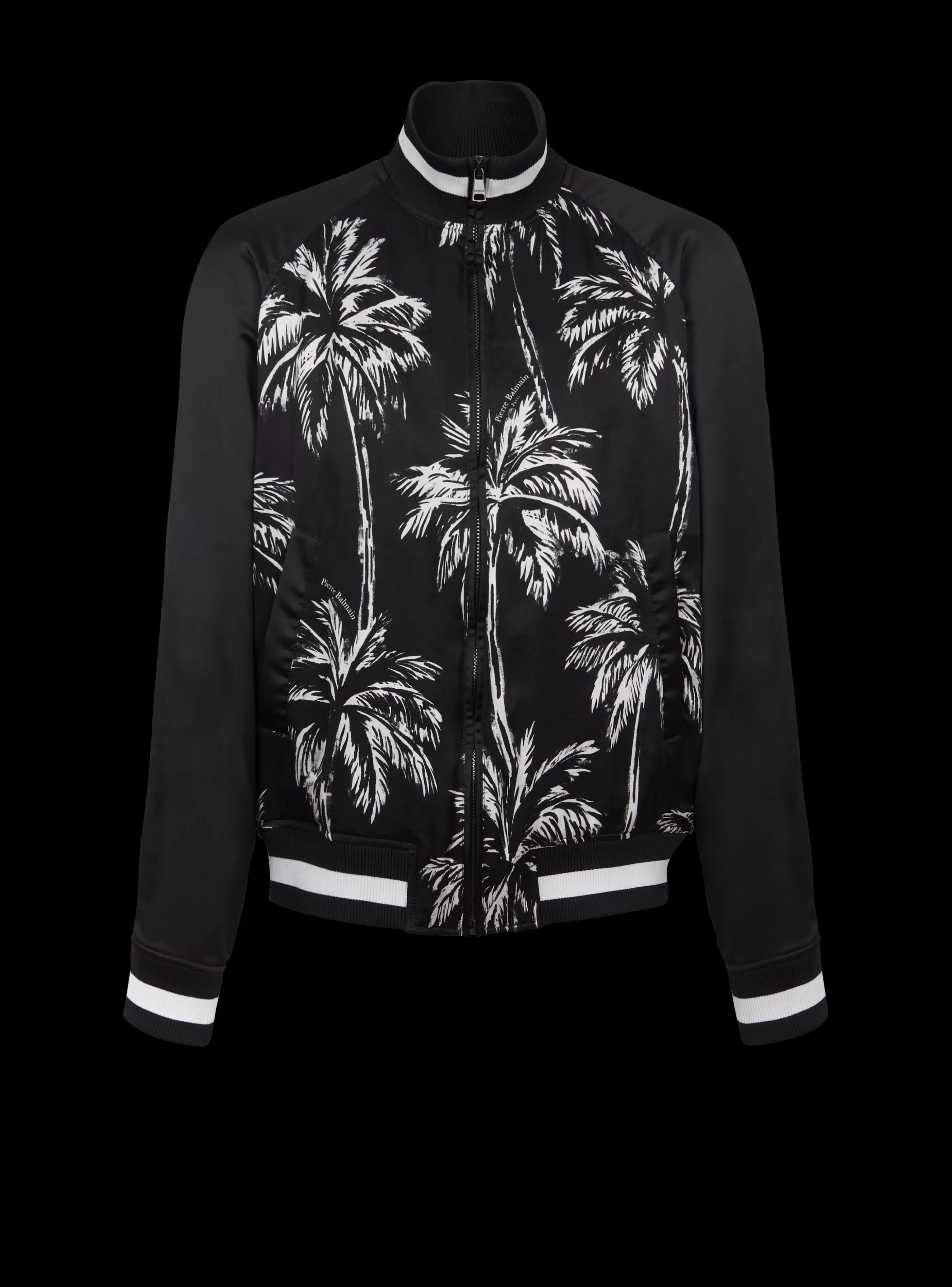Balmain Capispalla-Printed Satin Palm Tree Bomber Jacket black