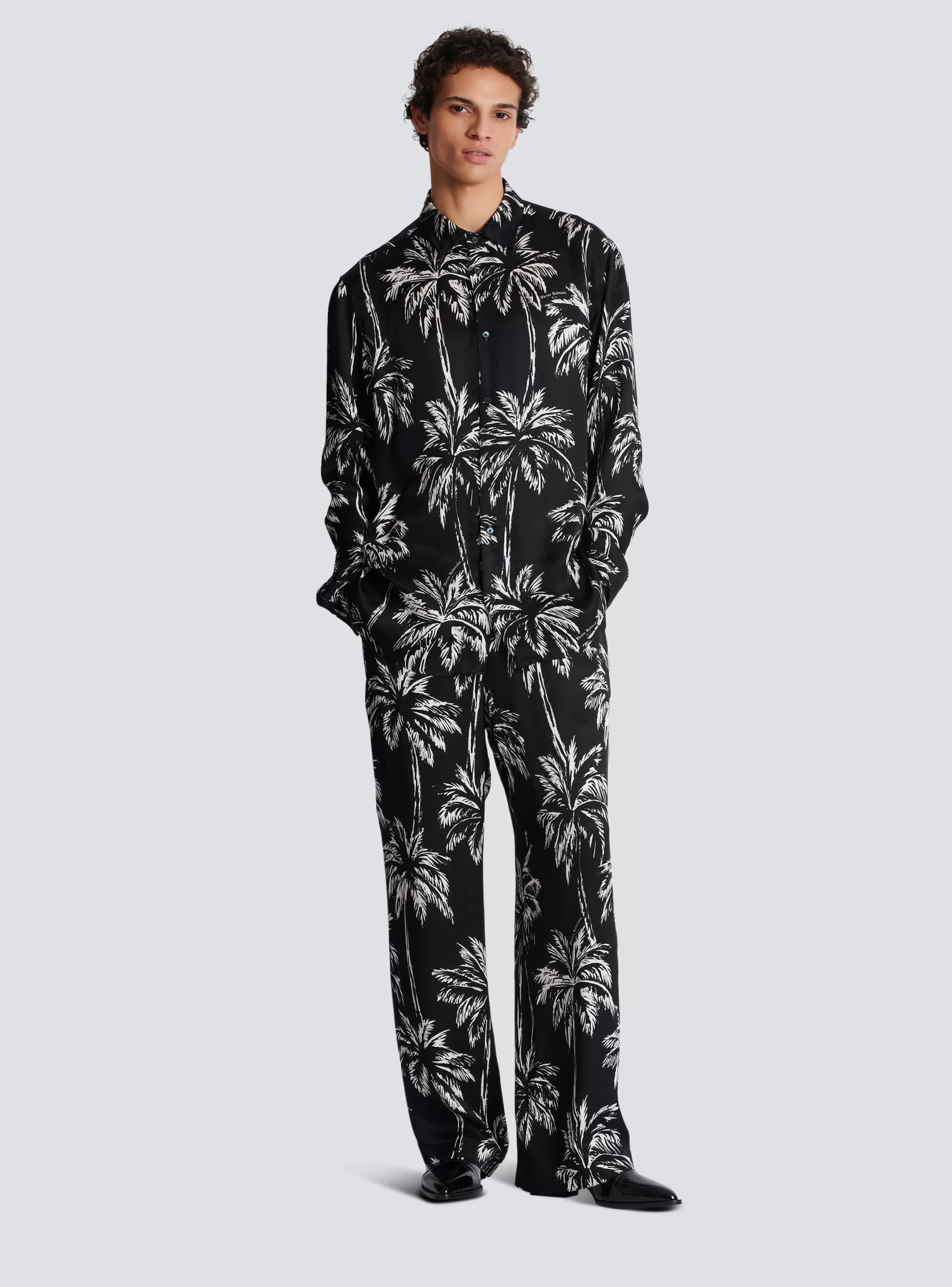 Balmain Camicie E Polo-Printed Satin Palm Tree Shirt black