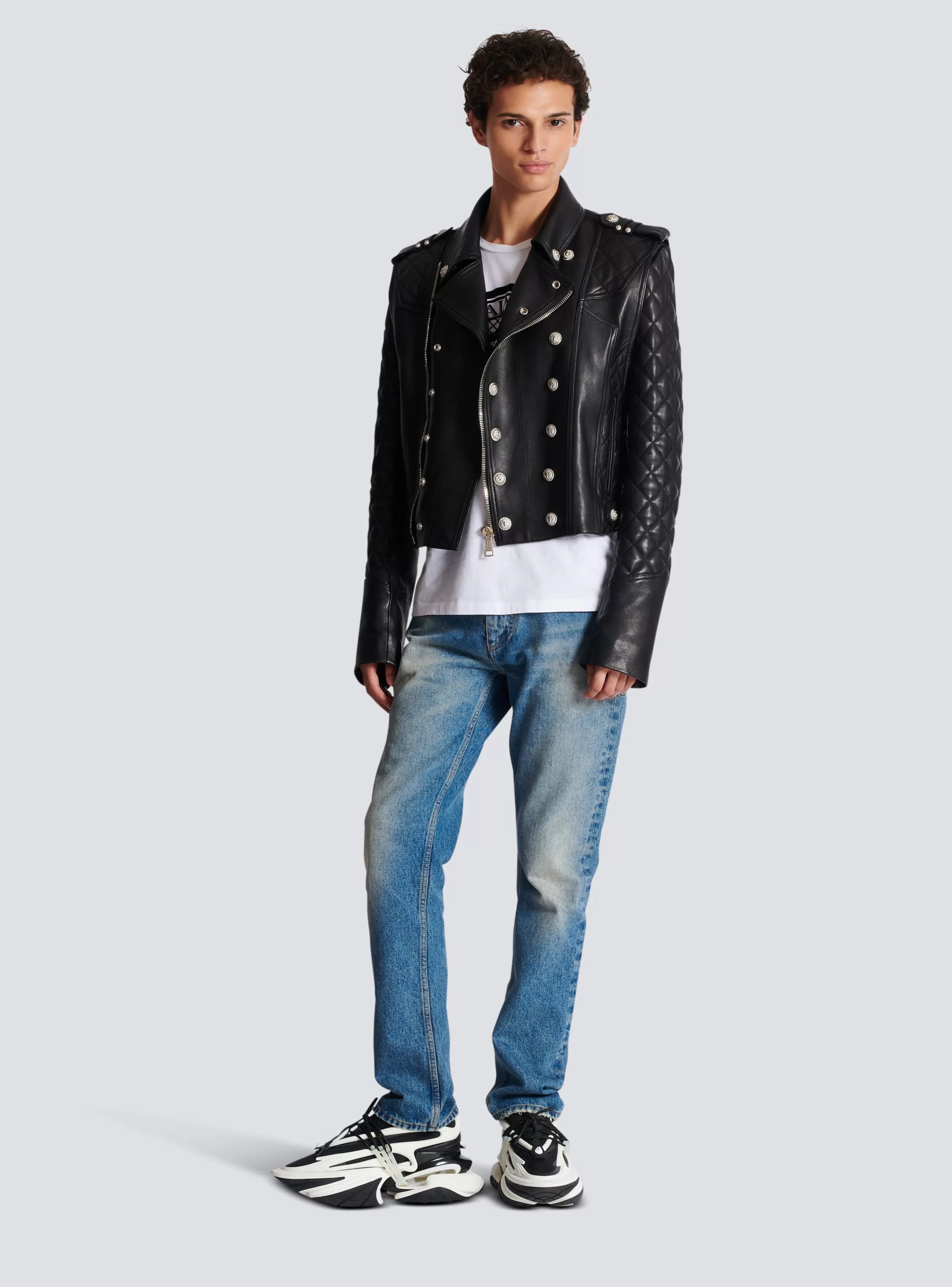 Balmain Capispalla-Quilted Leather Biker Jacket black