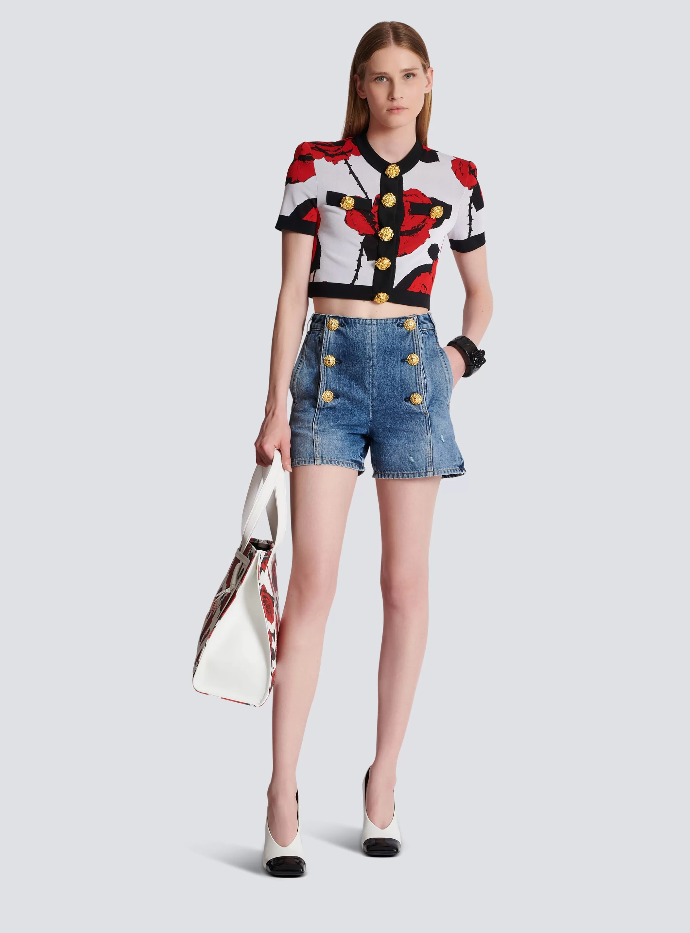 Balmain Maglieria- Roses Jacquard Knit Cardigan red