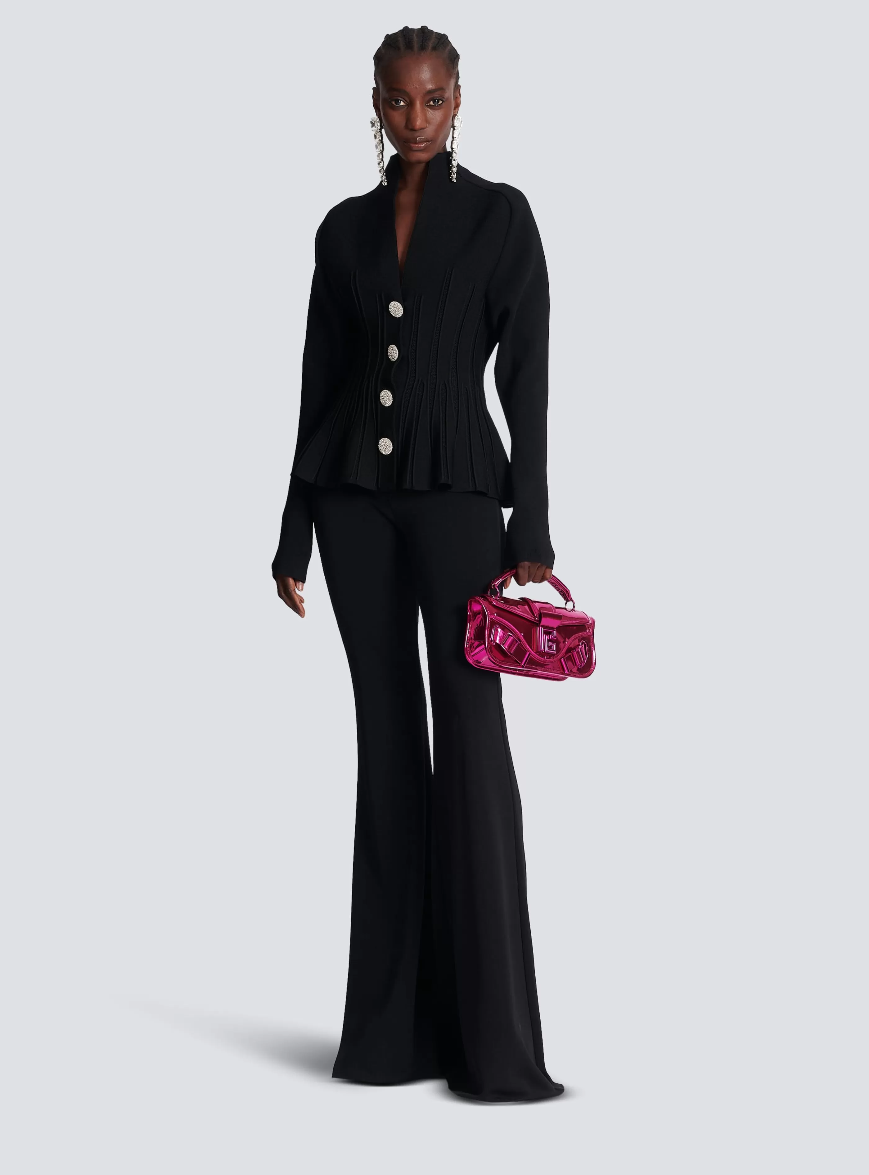 Balmain Maglieria-Ribbed Knit Peplum Cardigan black