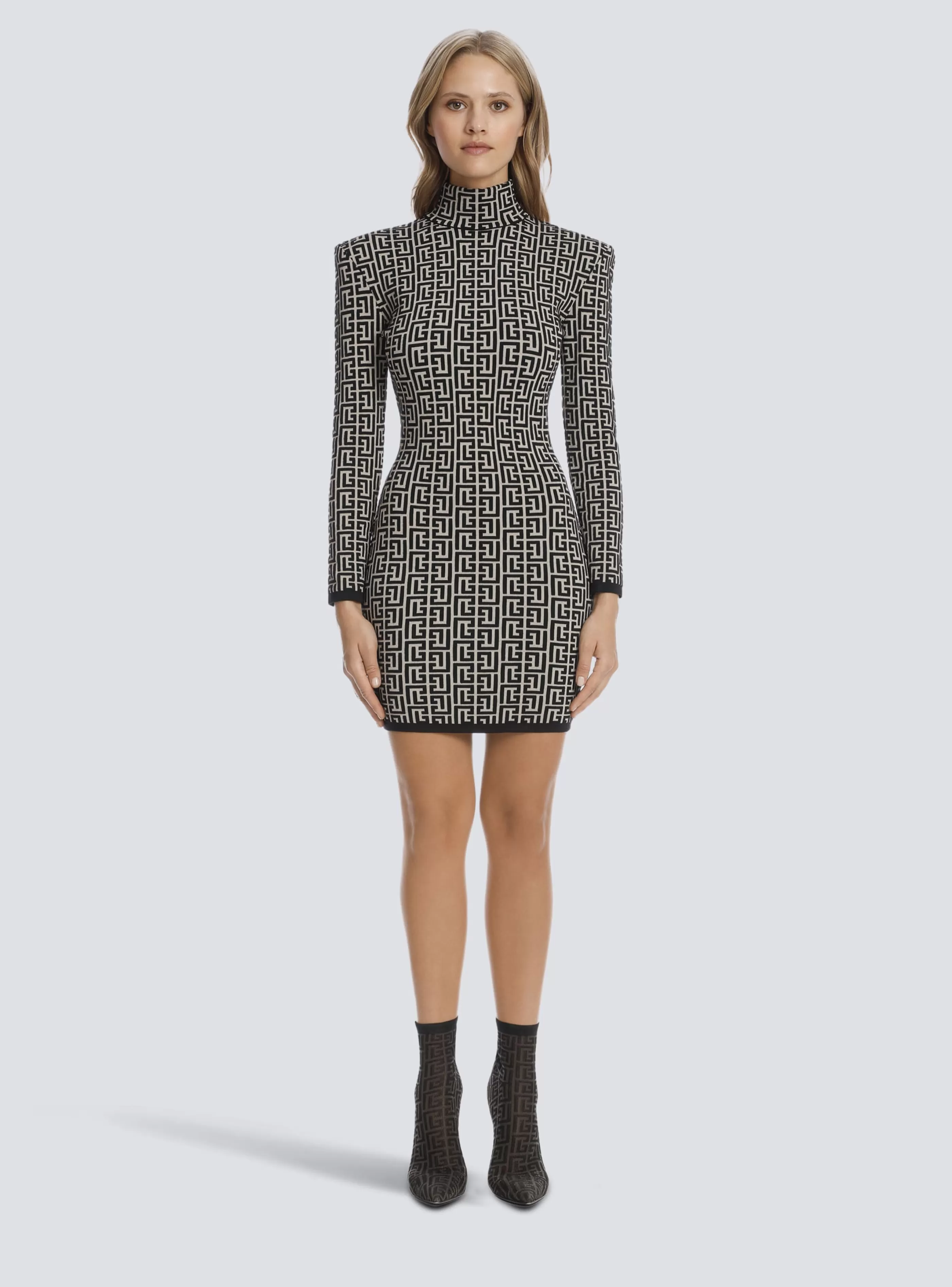 Balmain Abiti-Short Bicolor Jacquard Knit Dress With Monogram black