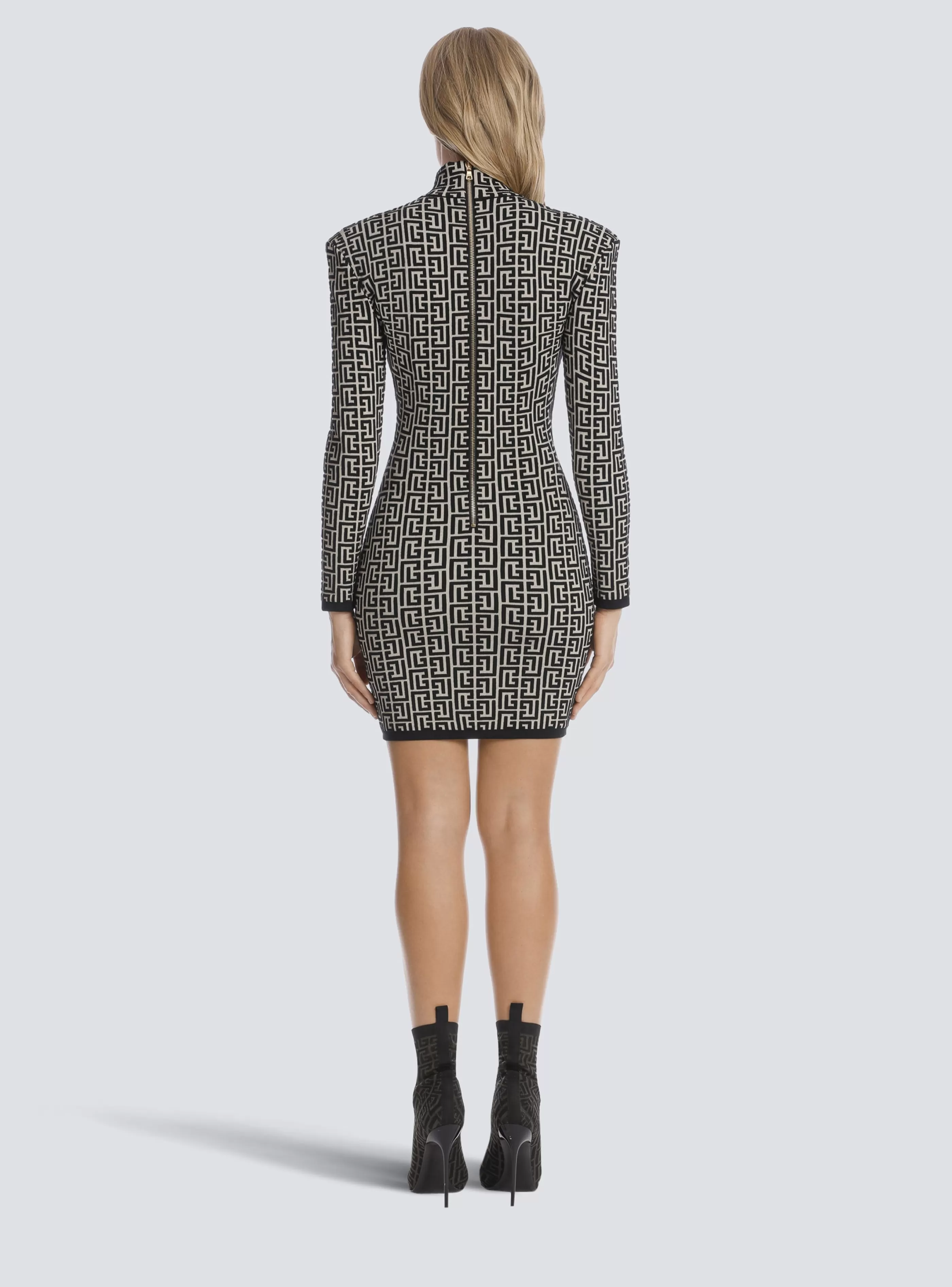 Balmain Abiti-Short Bicolor Jacquard Knit Dress With Monogram black