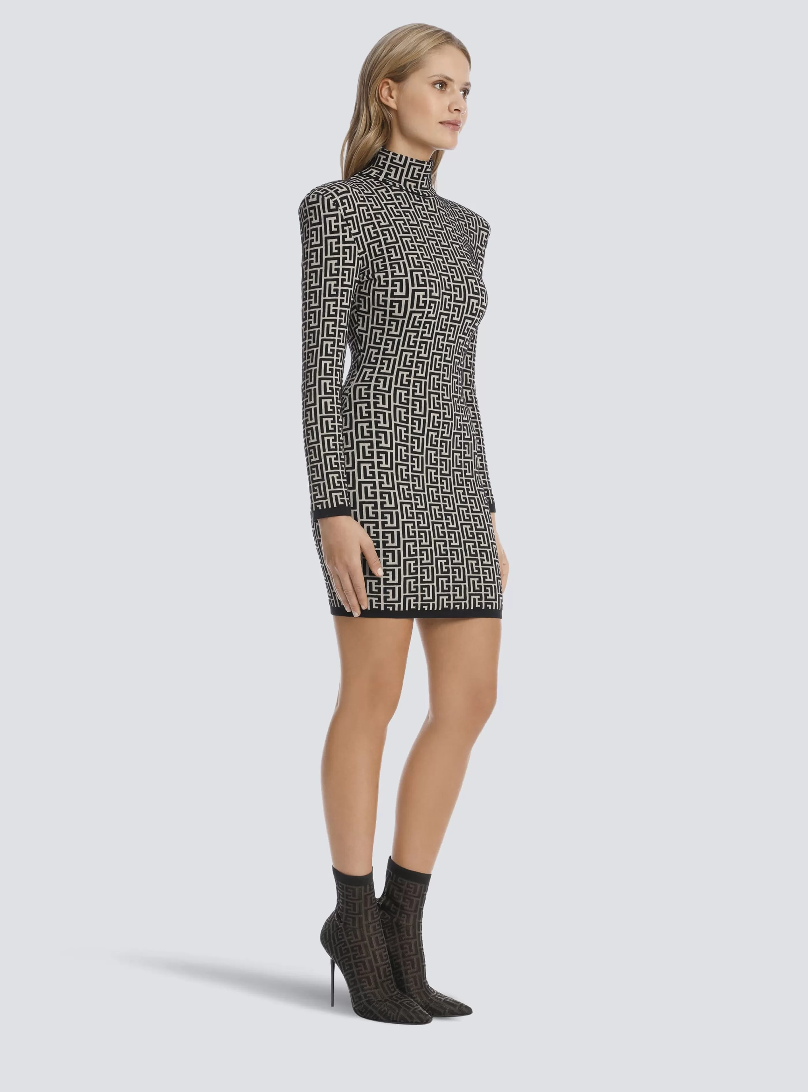 Balmain Abiti-Short Bicolor Jacquard Knit Dress With Monogram black
