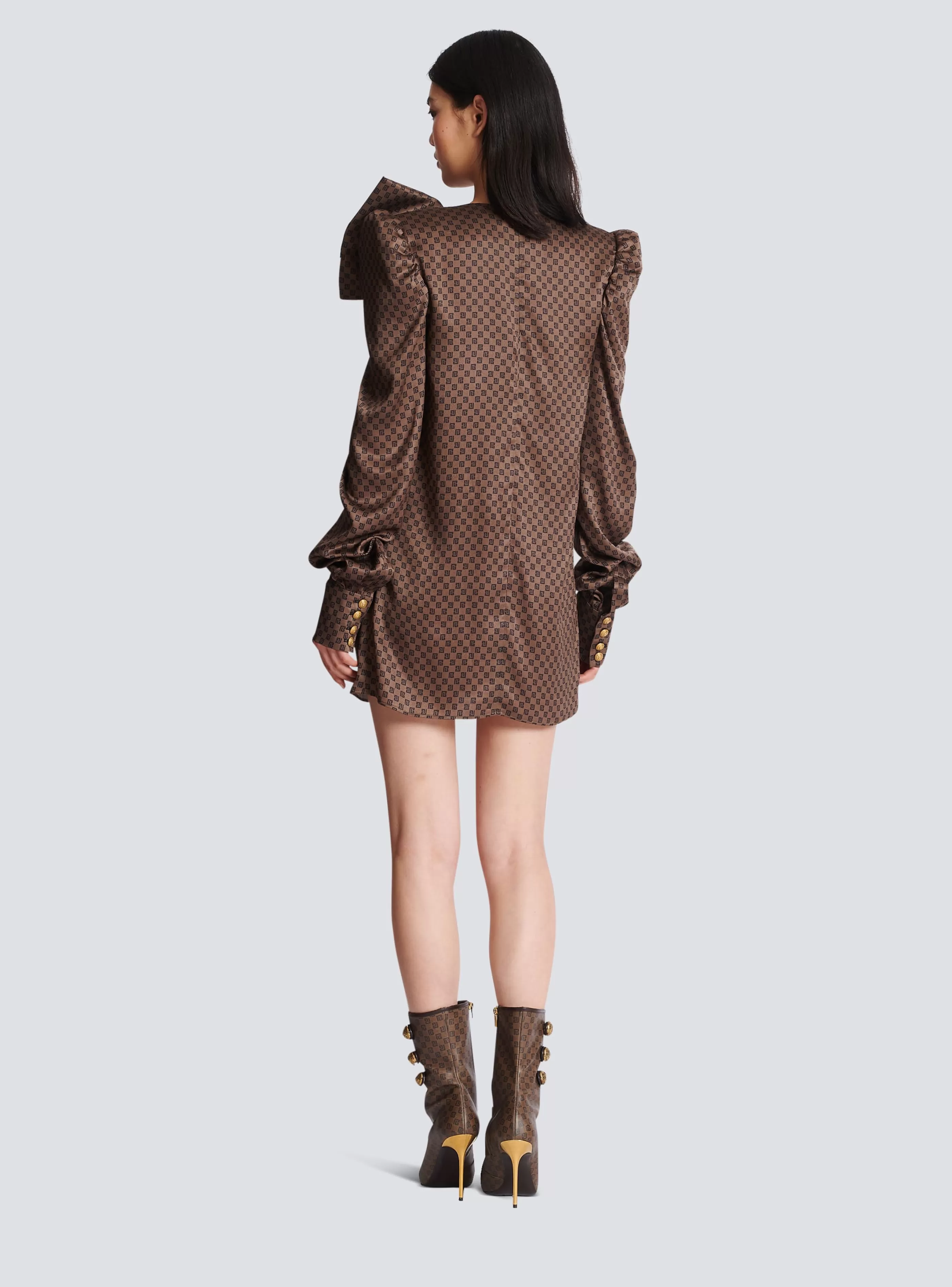 Balmain Abiti-Short Dress With A Large Bow And Mini Monogram Print brown