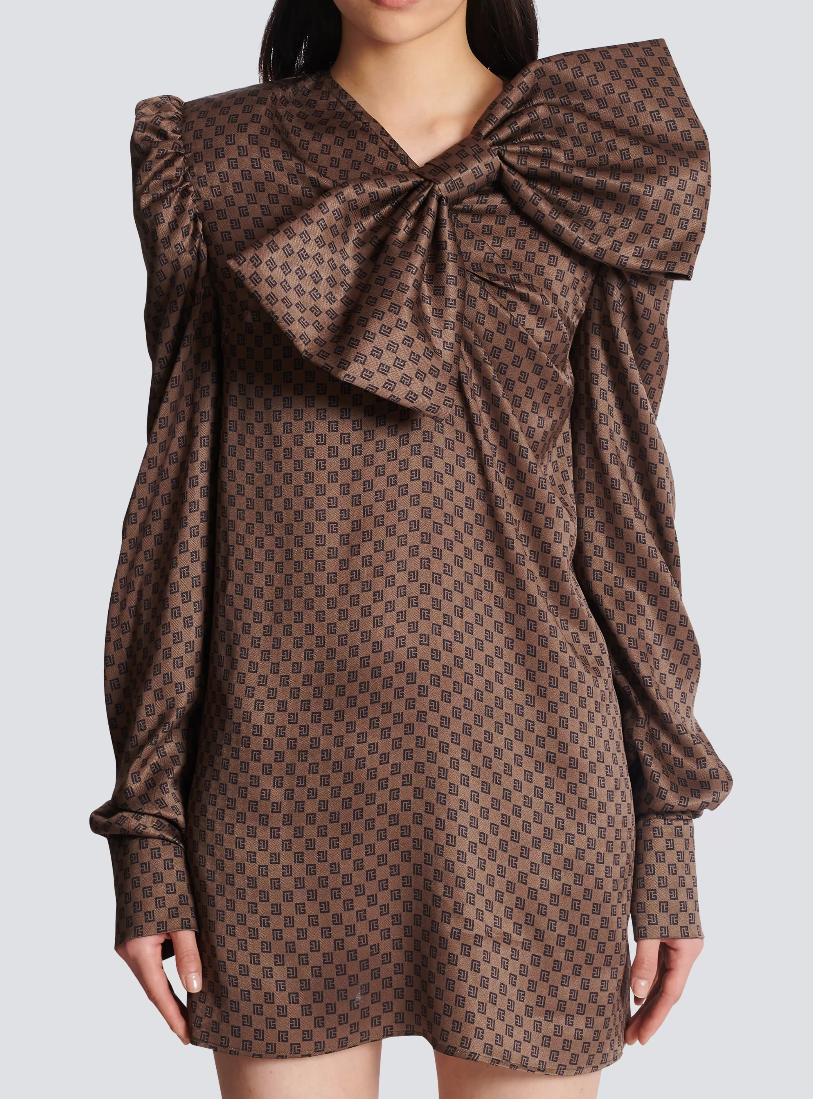 Balmain Abiti-Short Dress With A Large Bow And Mini Monogram Print brown