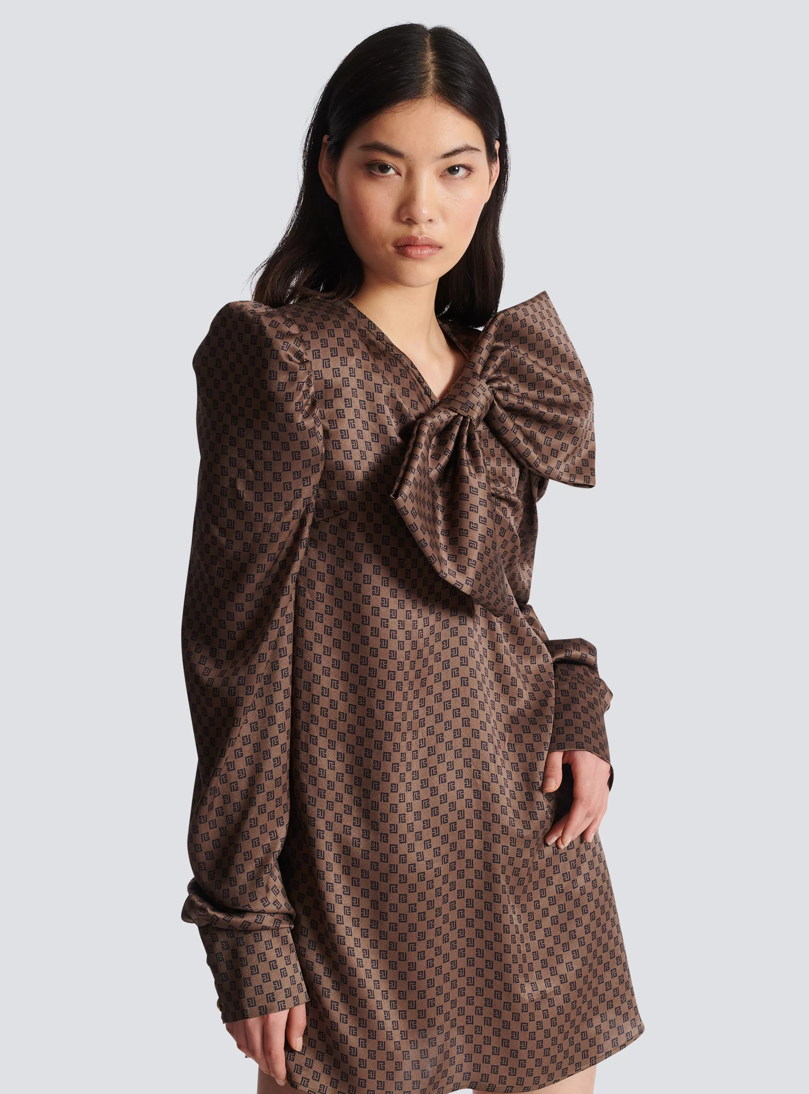 Balmain Abiti-Short Dress With A Large Bow And Mini Monogram Print brown