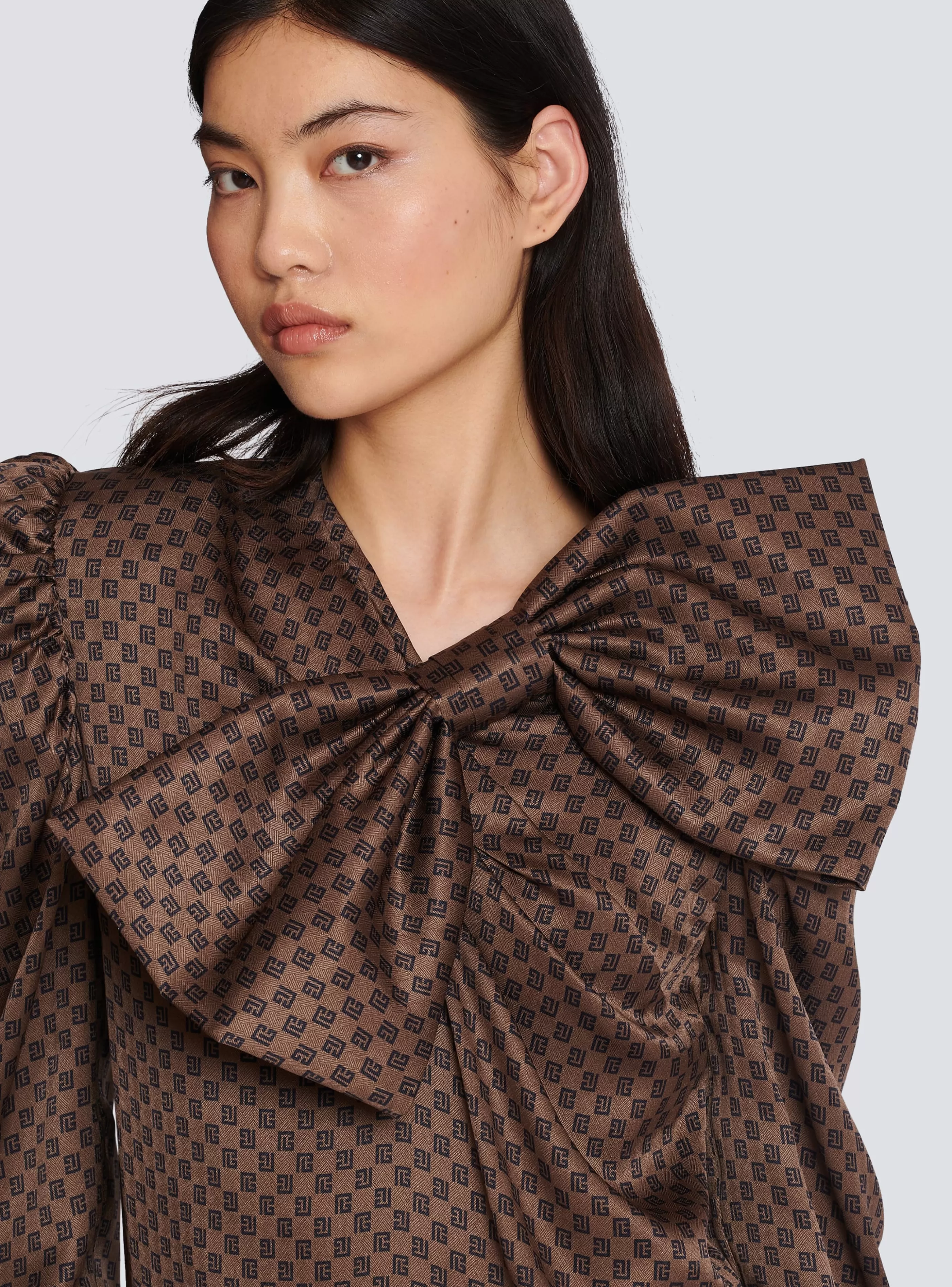 Balmain Abiti-Short Dress With A Large Bow And Mini Monogram Print brown