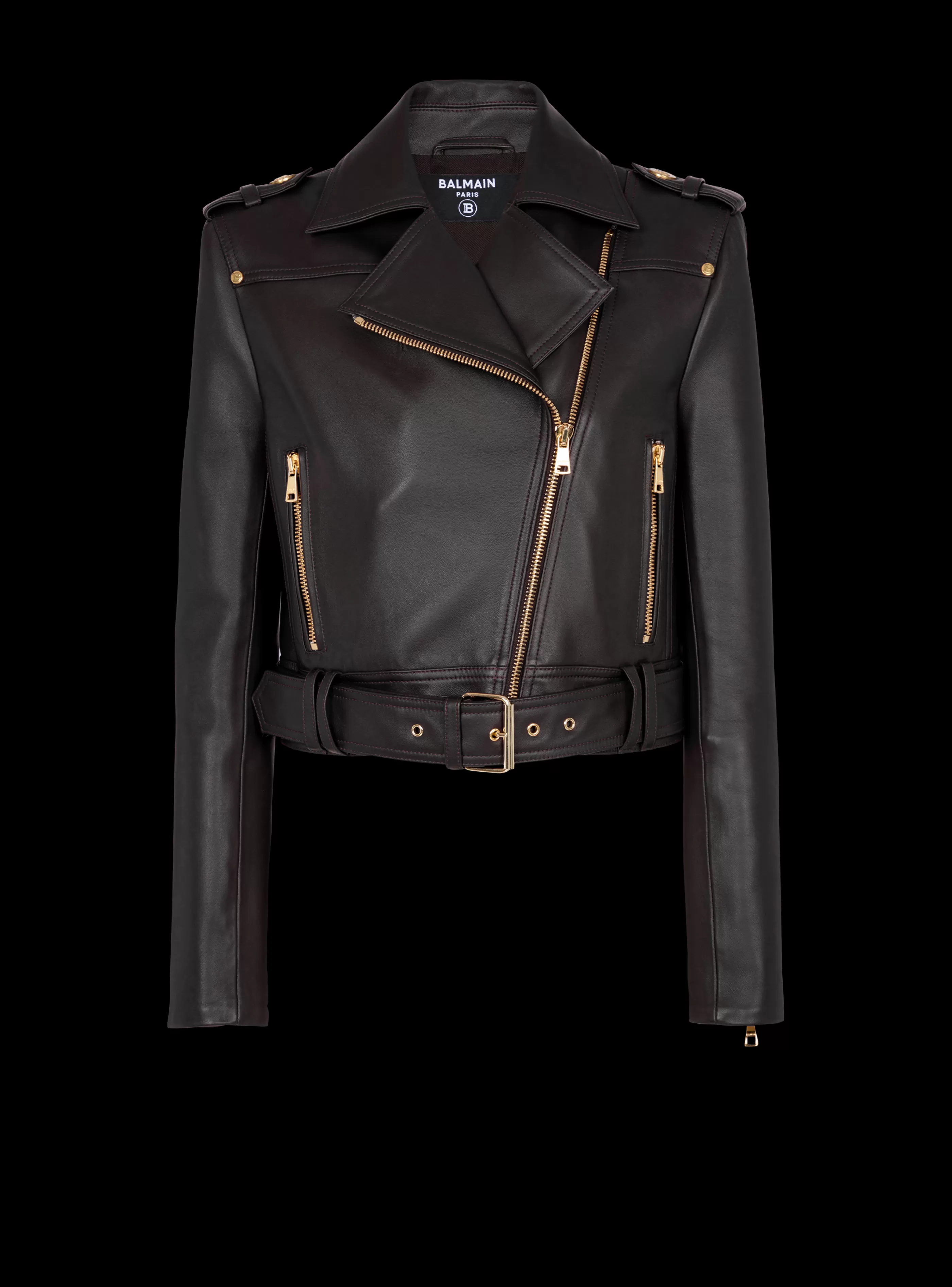 Balmain Capispalla-Short Leather Biker Jacket black