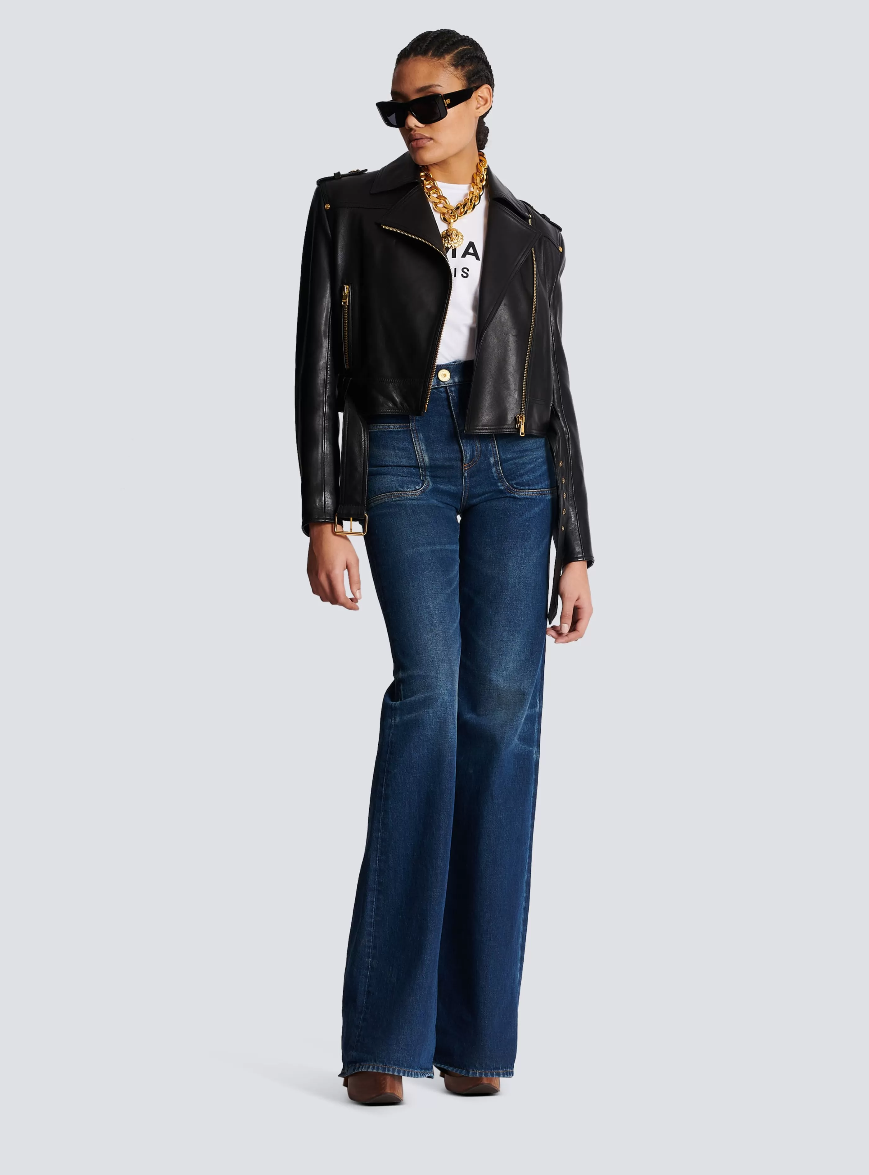 Balmain Capispalla-Short Leather Biker Jacket black