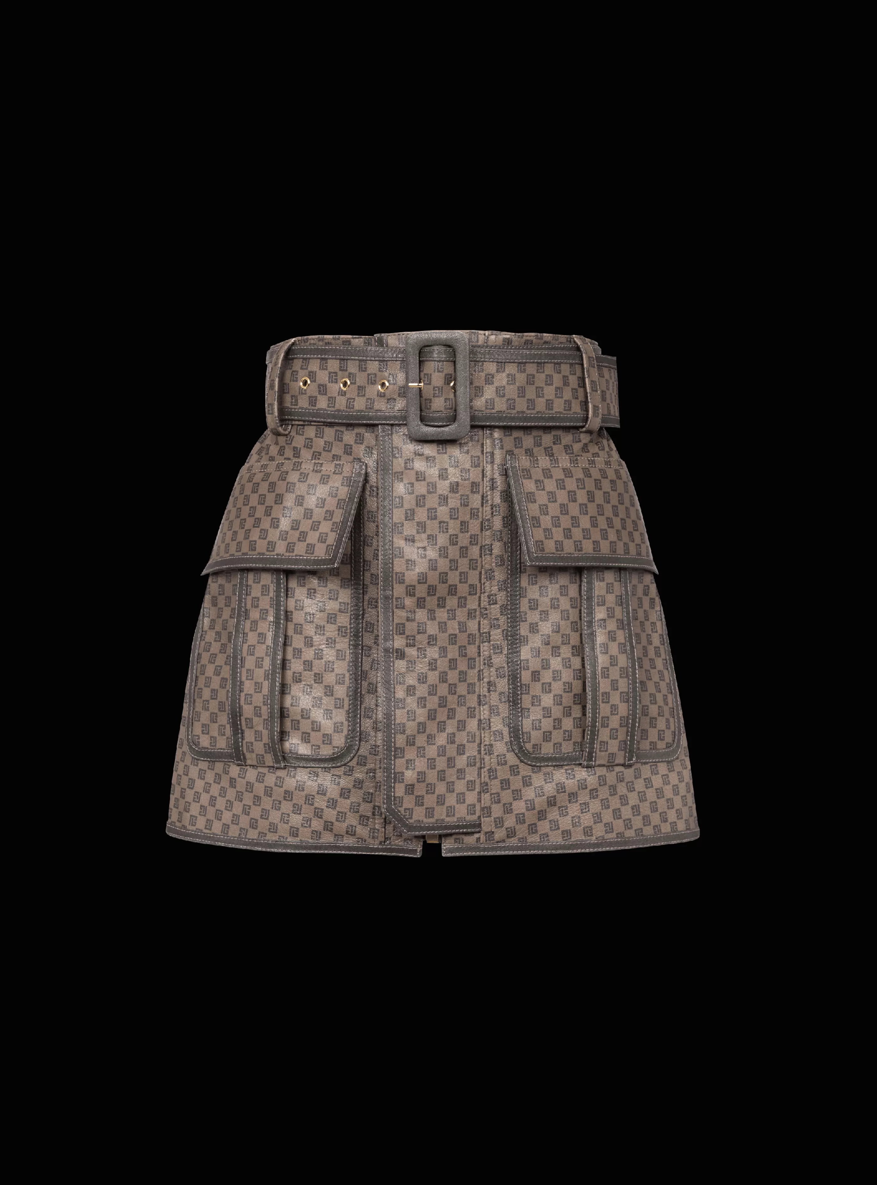 Balmain Gonne-Short Leather Skirt With Mini Monogram Print brown