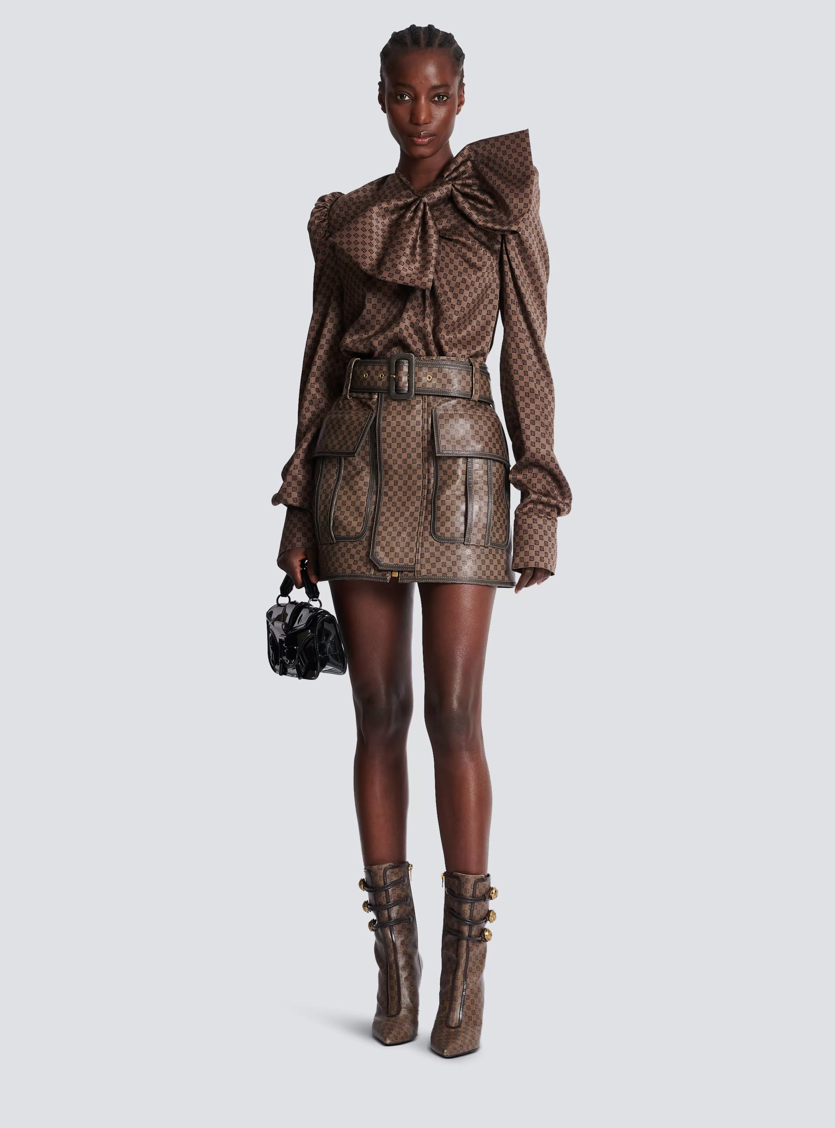 Balmain Gonne-Short Leather Skirt With Mini Monogram Print brown