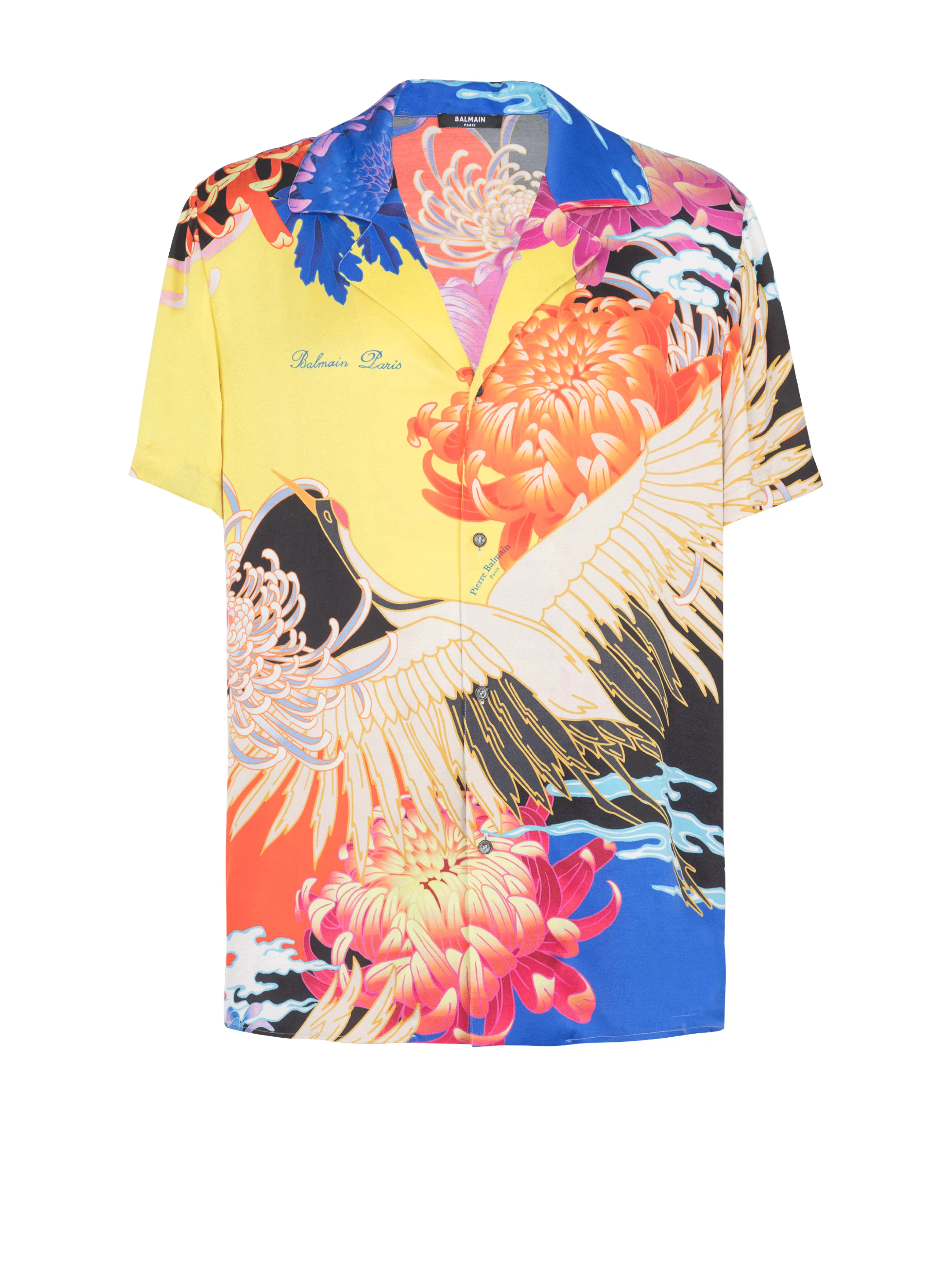 Balmain Camicie E Polo-Short-sleeved Satin Shirt With Crane Print multicolor