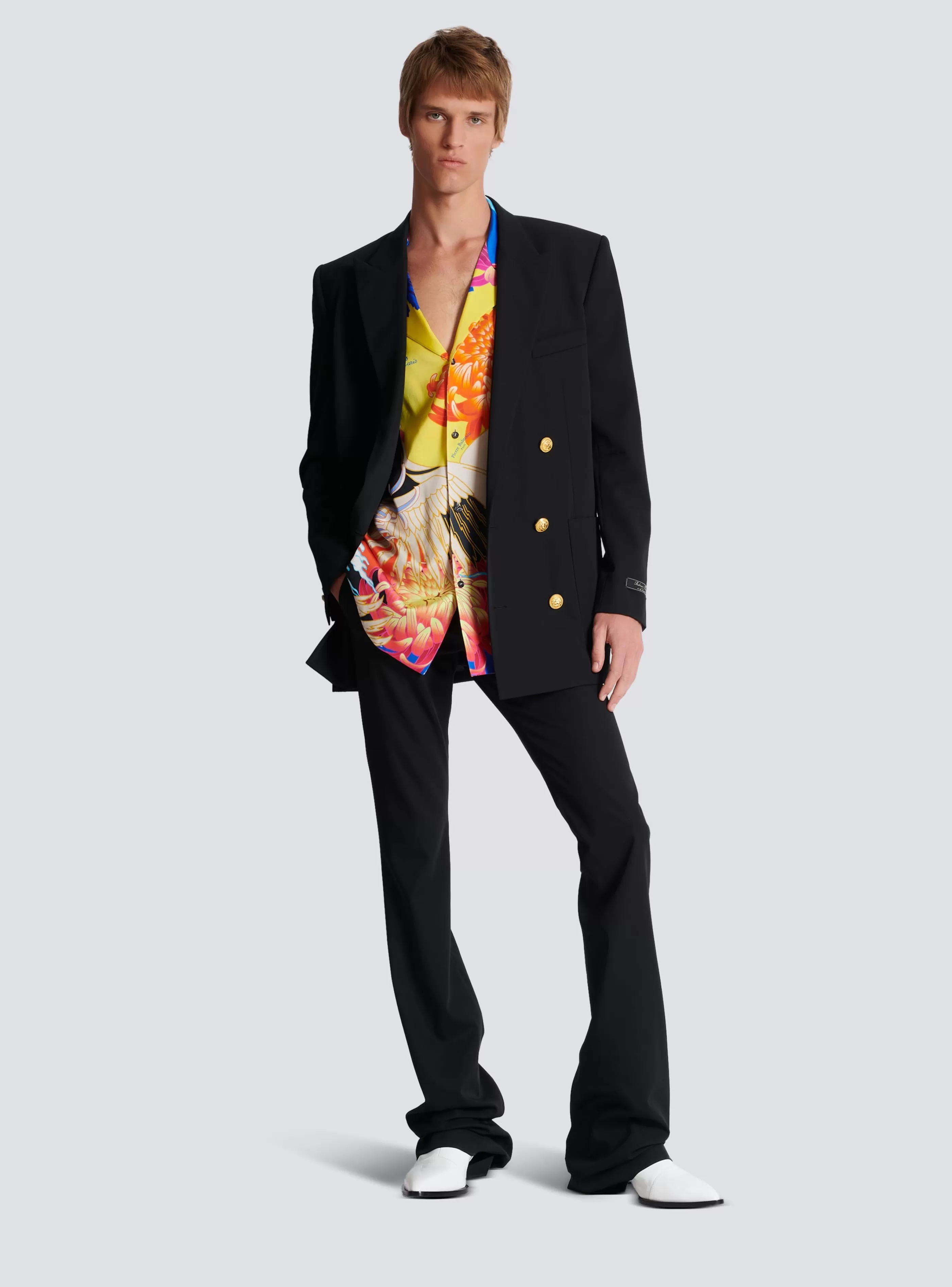 Balmain Camicie E Polo-Short-sleeved Satin Shirt With Crane Print multicolor