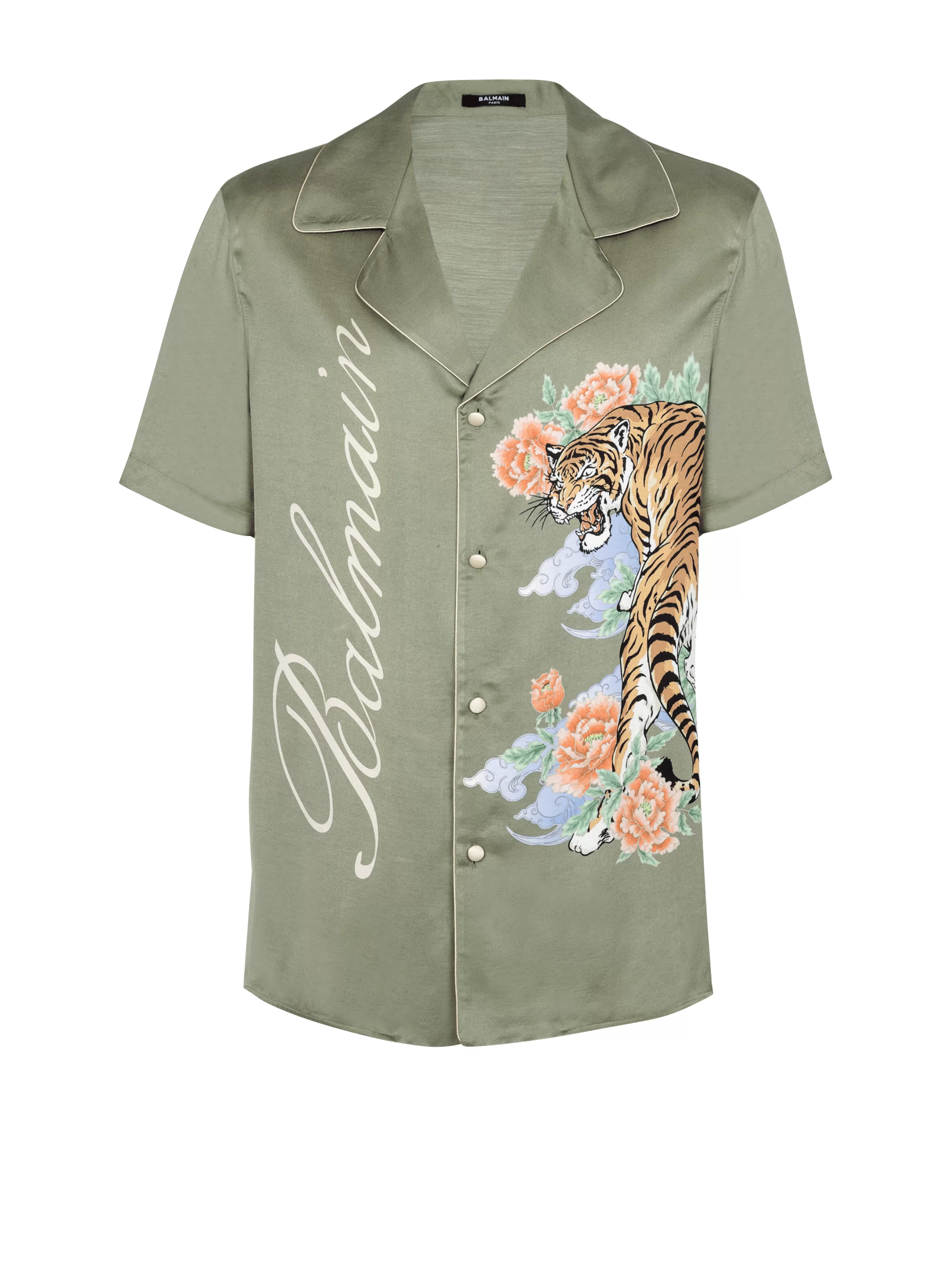 Balmain Camicie E Polo-Short-sleeved Satin Shirt With Tiger Print khaki