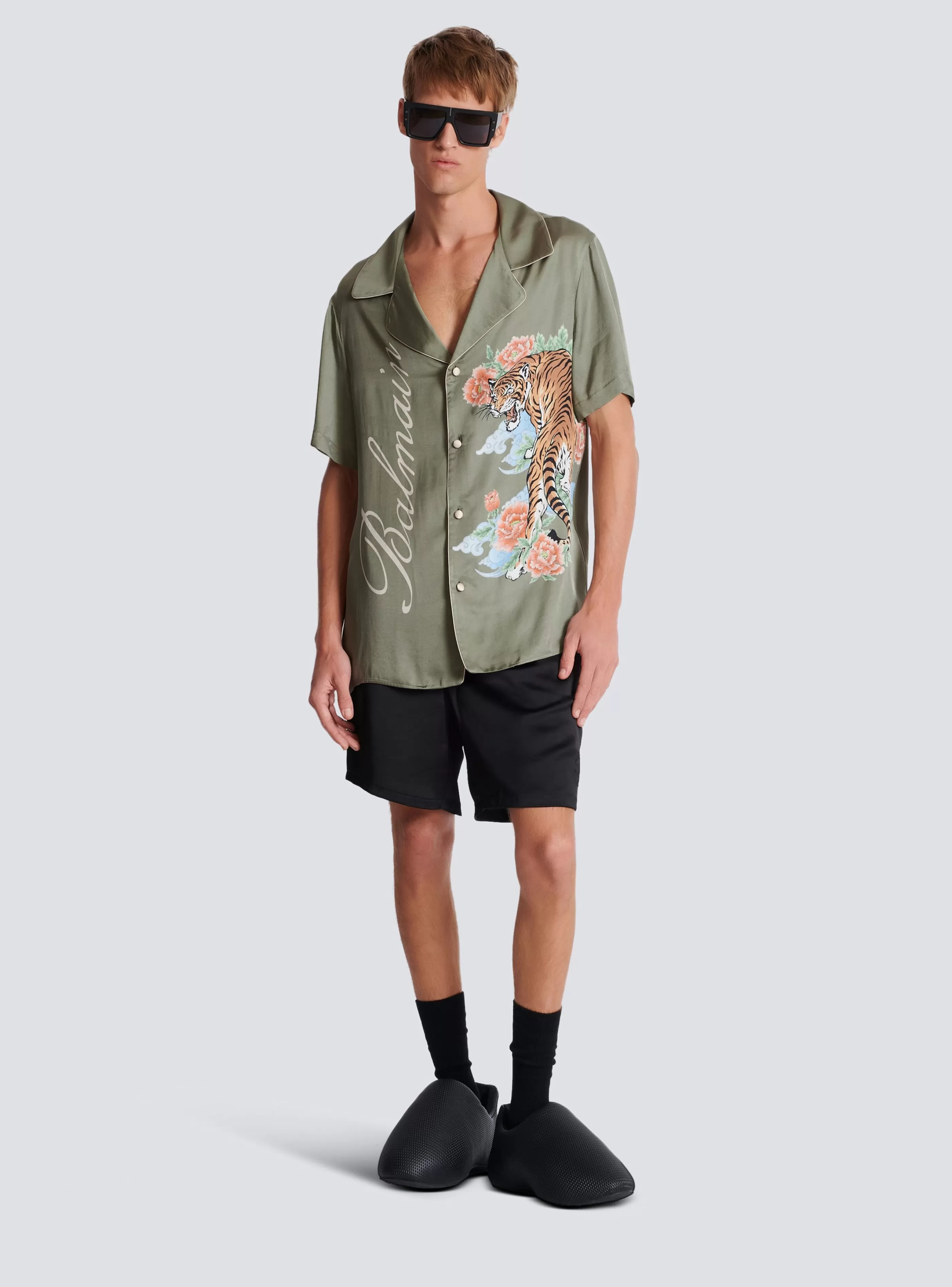 Balmain Camicie E Polo-Short-sleeved Satin Shirt With Tiger Print khaki