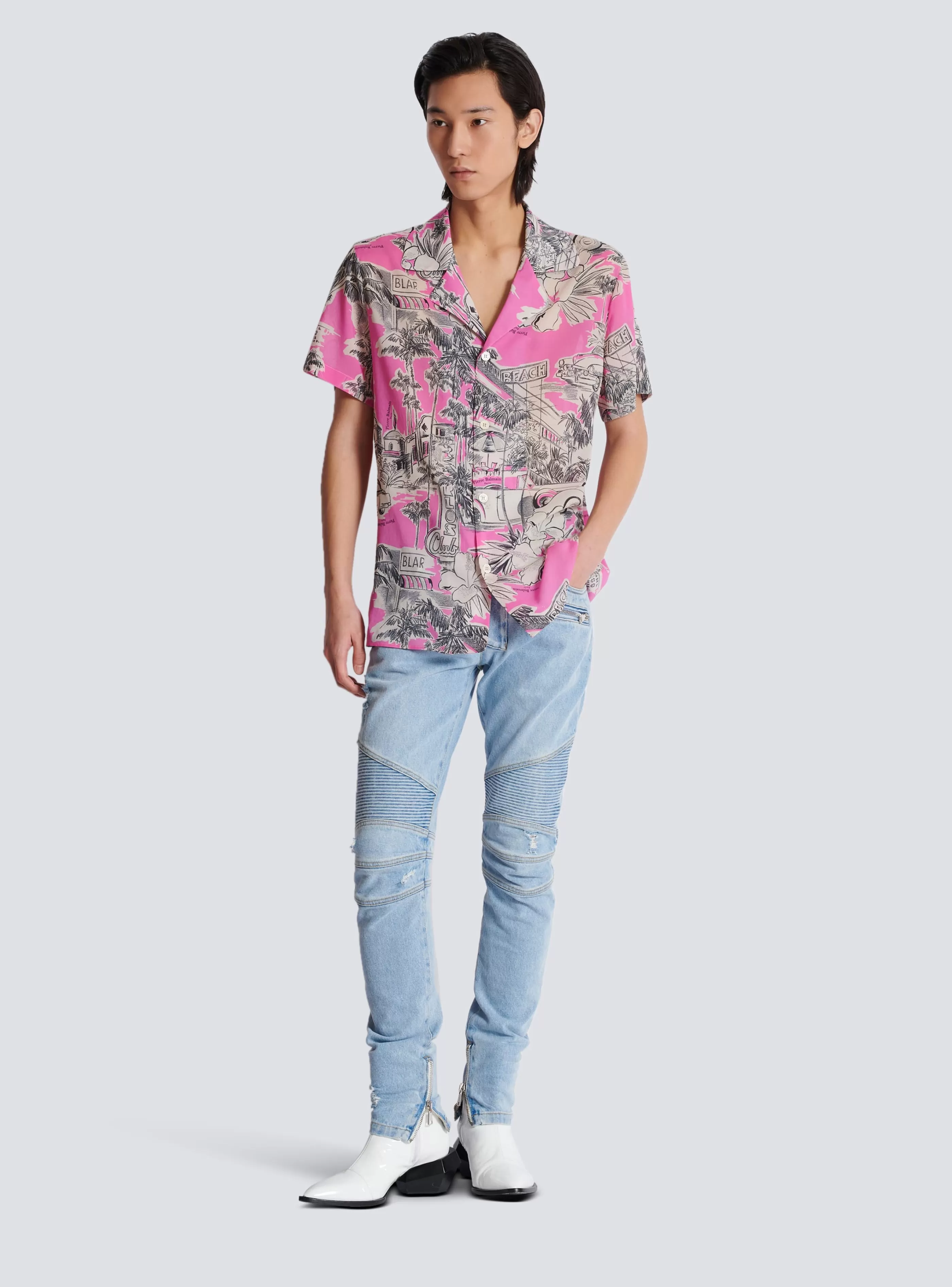 Balmain Camicie E Polo-Short-sleeved Silk Pyjama Shirt With Miami Print pink