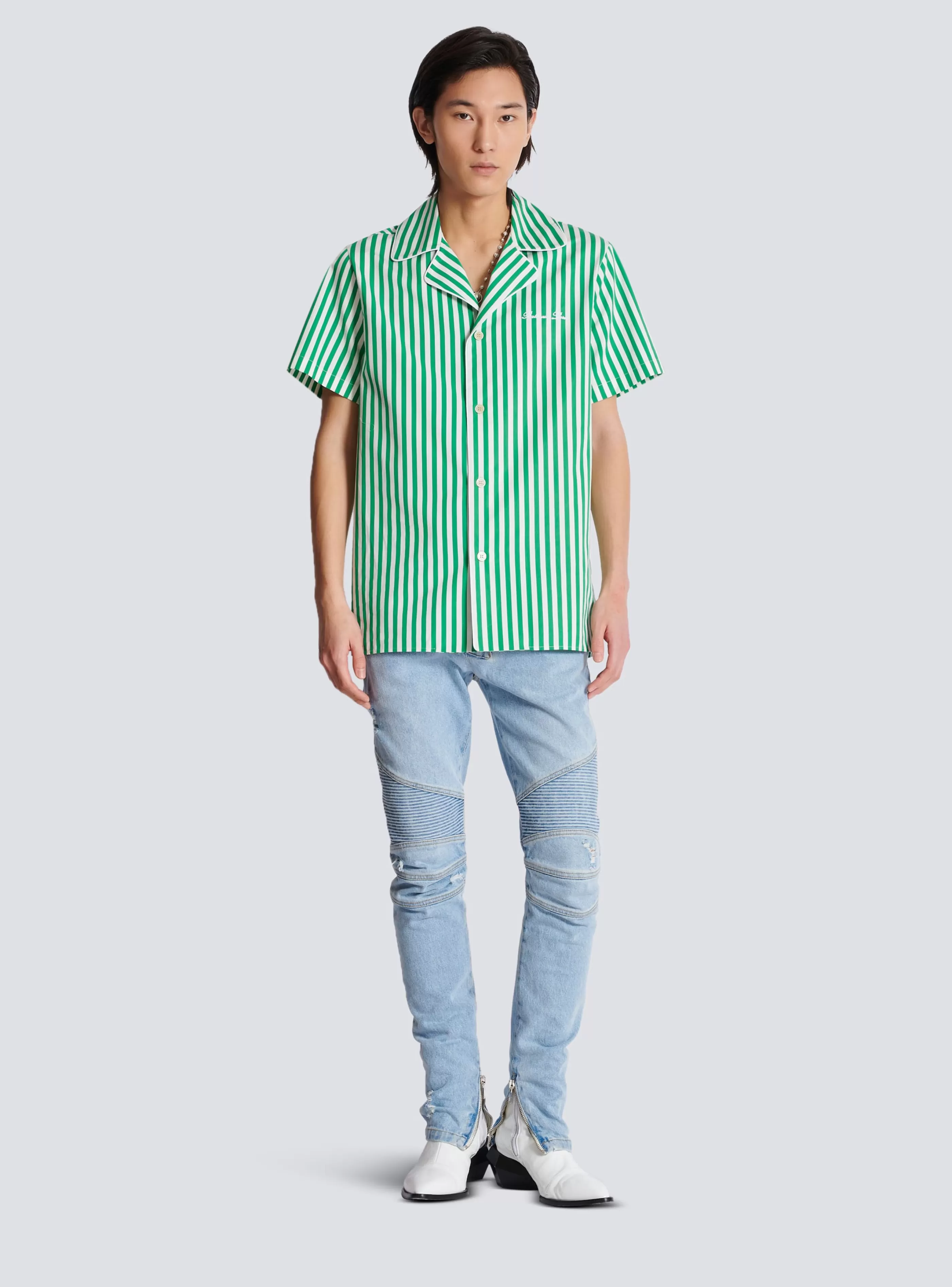 Balmain Camicie E Polo-Short-sleeved Striped Cotton Pyjama Shirt green