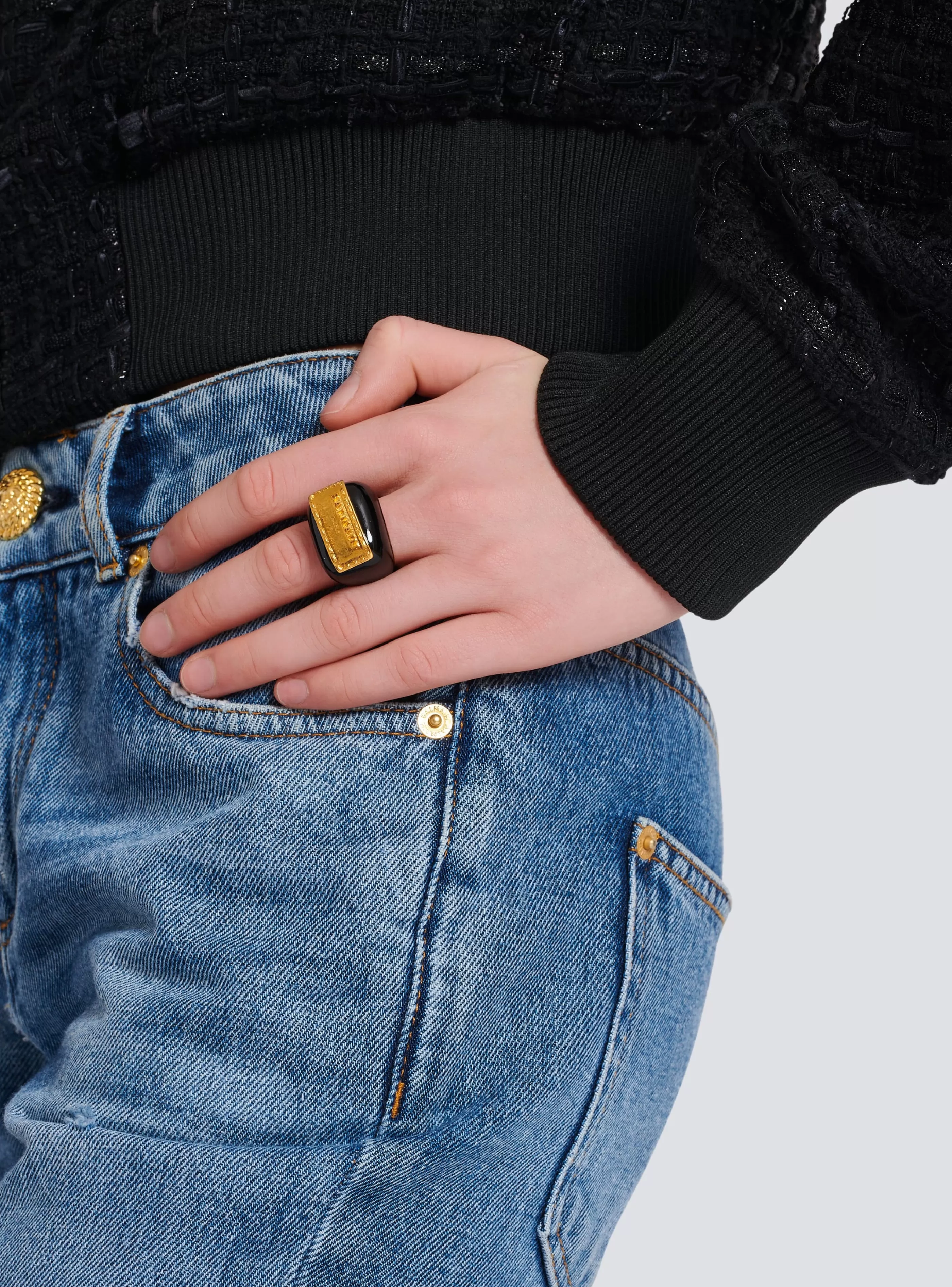 Balmain Gioielli Moda-Signature Grid Brass And Enamel Ring black