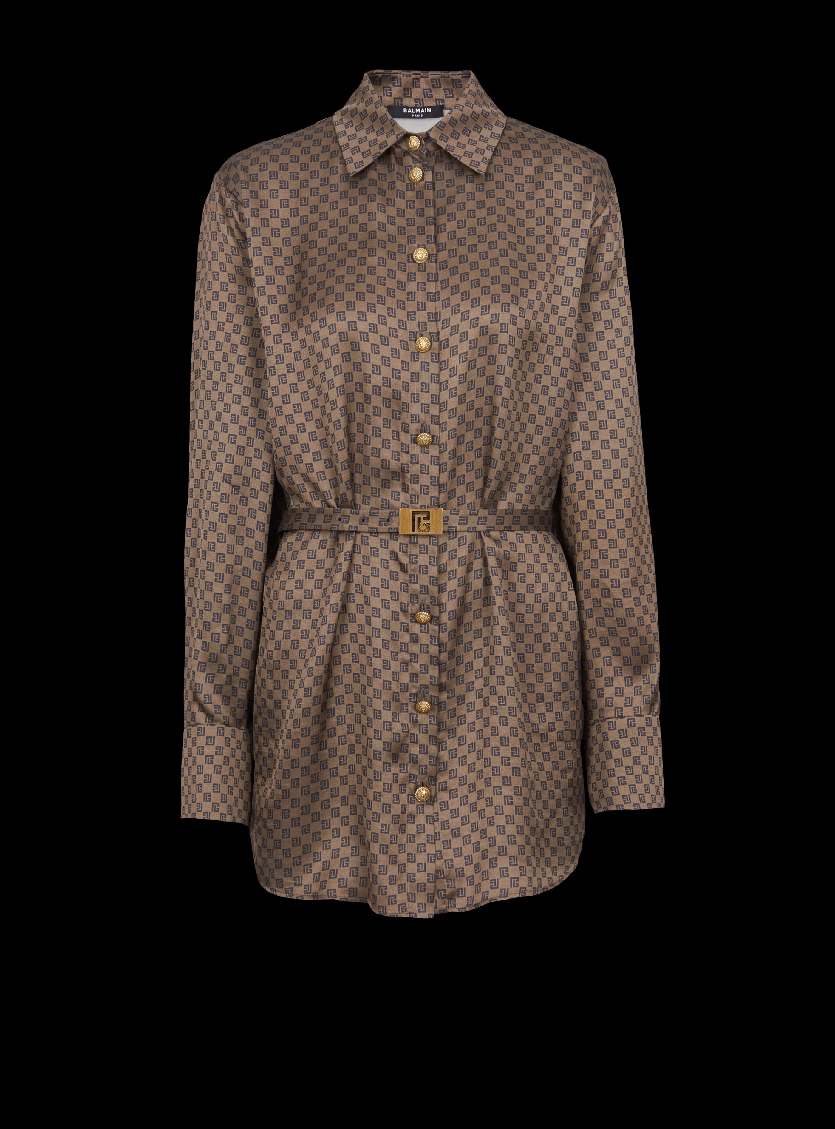 Balmain Top E Camicie-Silk Shirt With A Mini Monogram Print brown