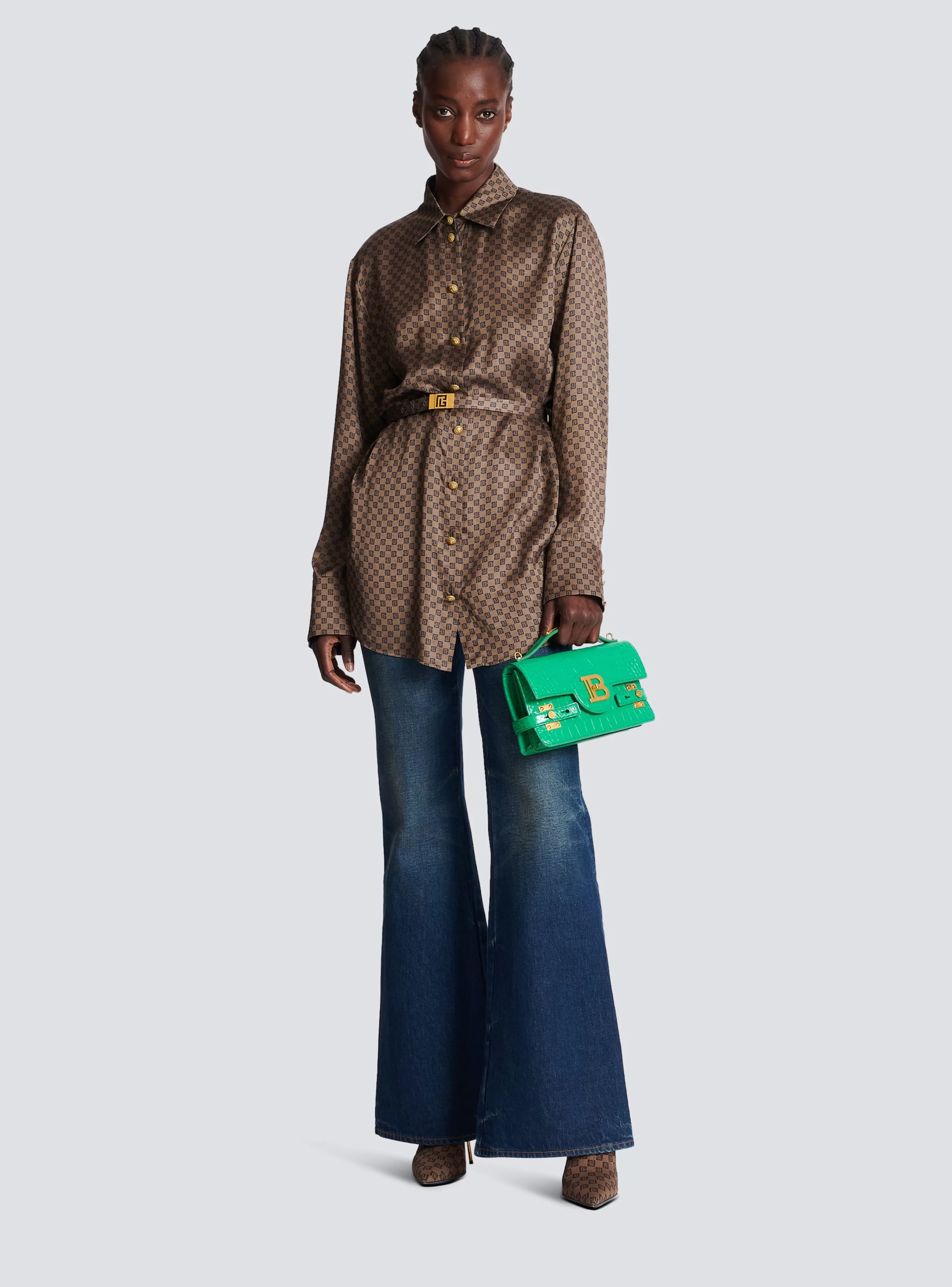 Balmain Top E Camicie-Silk Shirt With A Mini Monogram Print brown