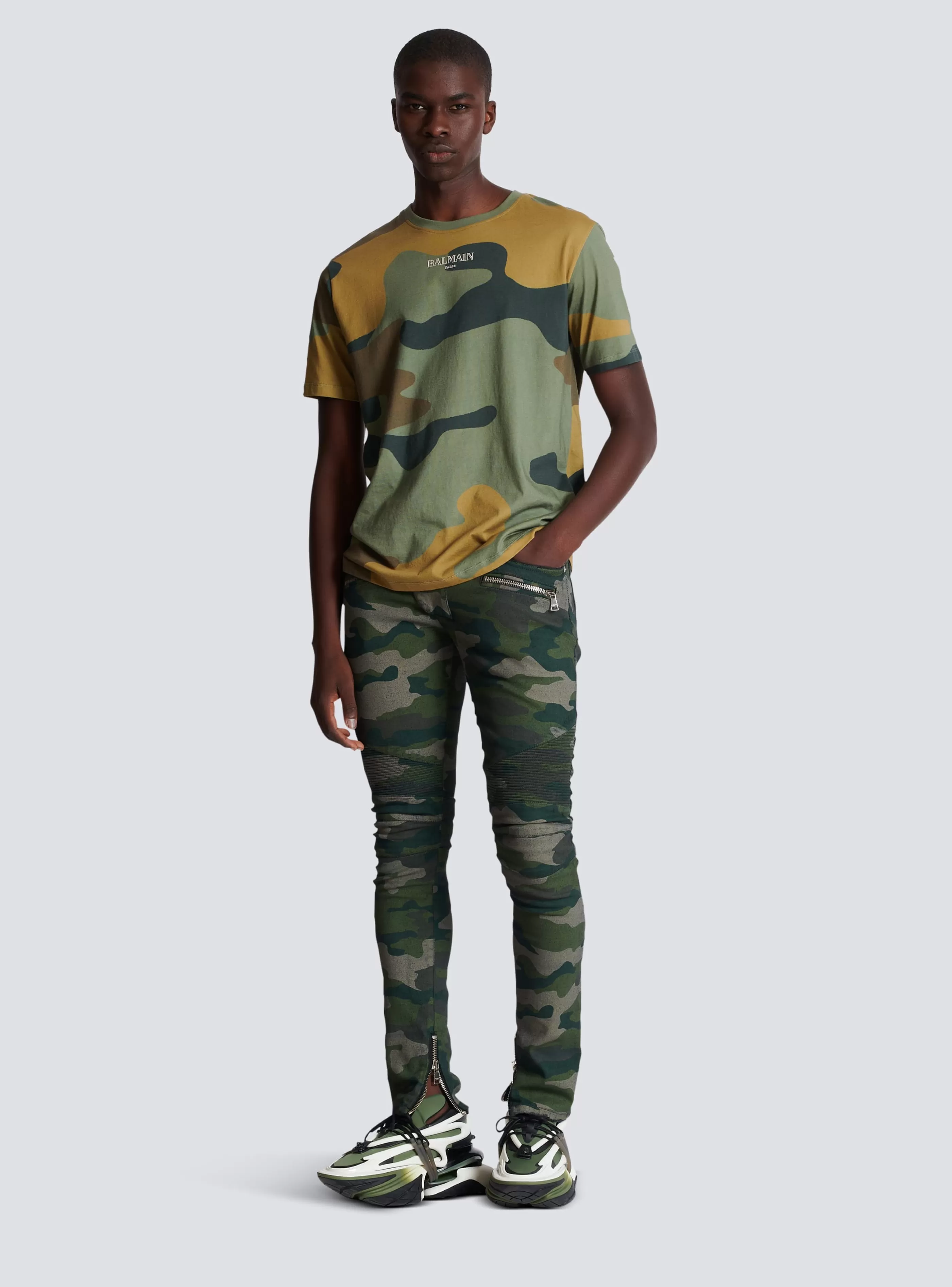 Balmain Pantaloni E Pantaloncini | Denim-Slim-fit Jeans In Camouflage Denim With Ribbed Details khaki